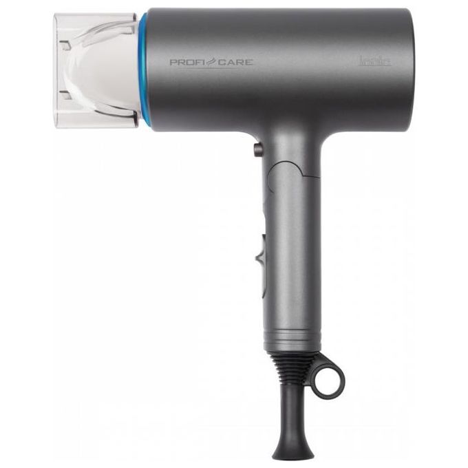 Dunkelgrauer Haartrockner mit Aufsatz. Blaue Akzente. "PROFI CARE"-Logo. Ionentechnologie.