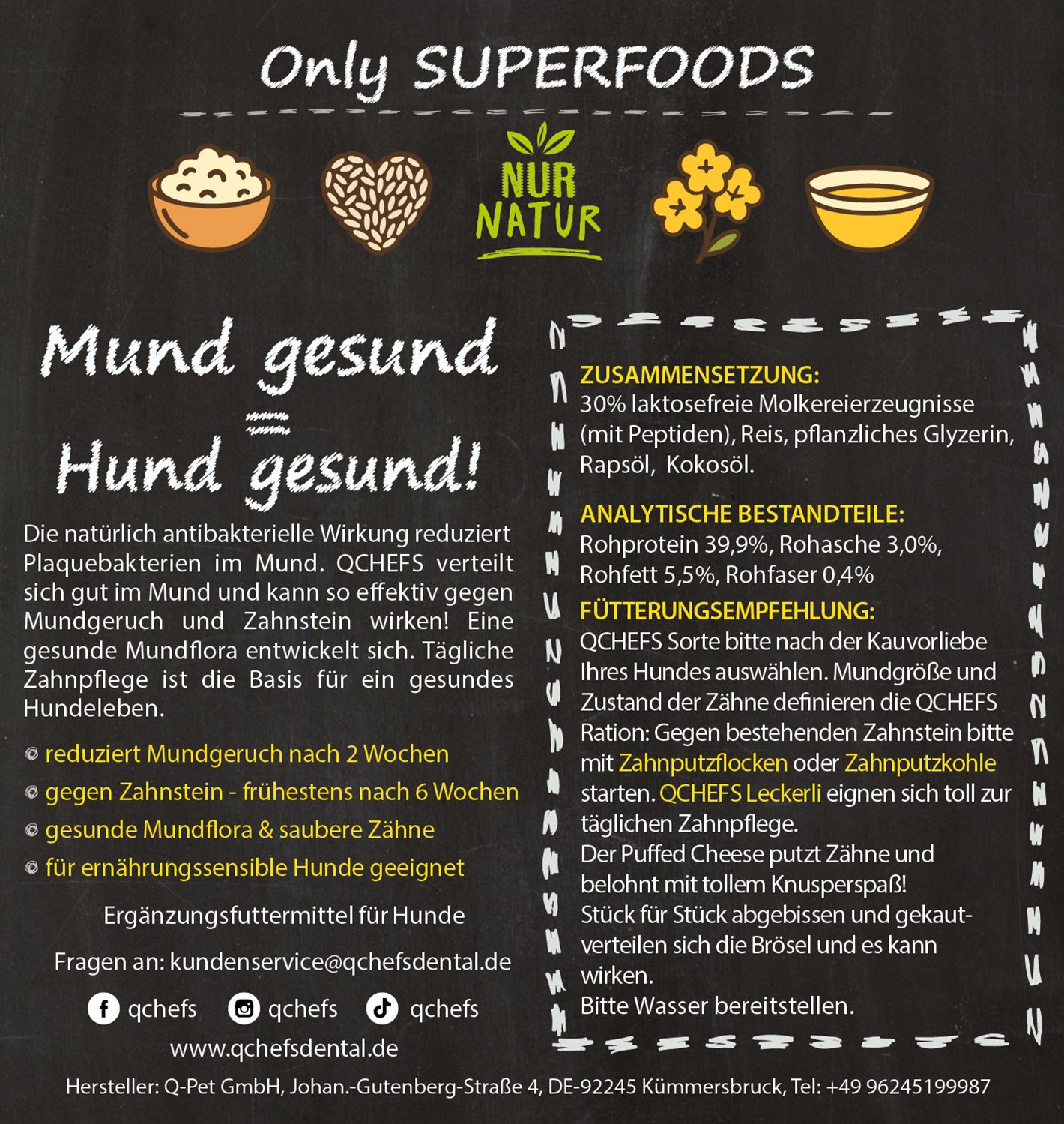 Infografik mit Text und Illustrationen. Enthält Informationen zu QCHEFS Puffed Cheese, Inhaltsstoffen und Fütterungsempfehlung.
