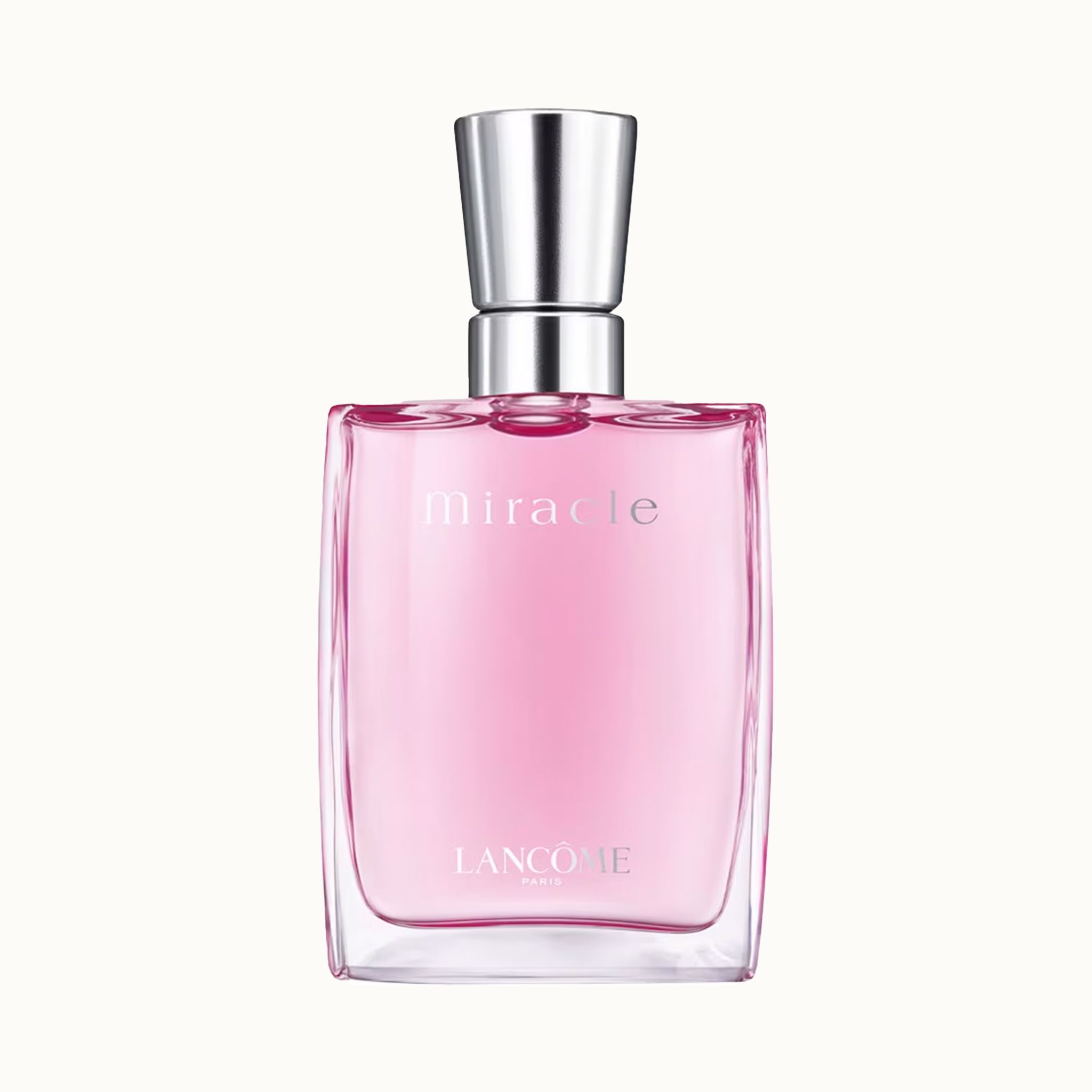 Rosa Glasflakon mit silbernem Verschluss. Aufschrift "miracle" und "LANCOME".