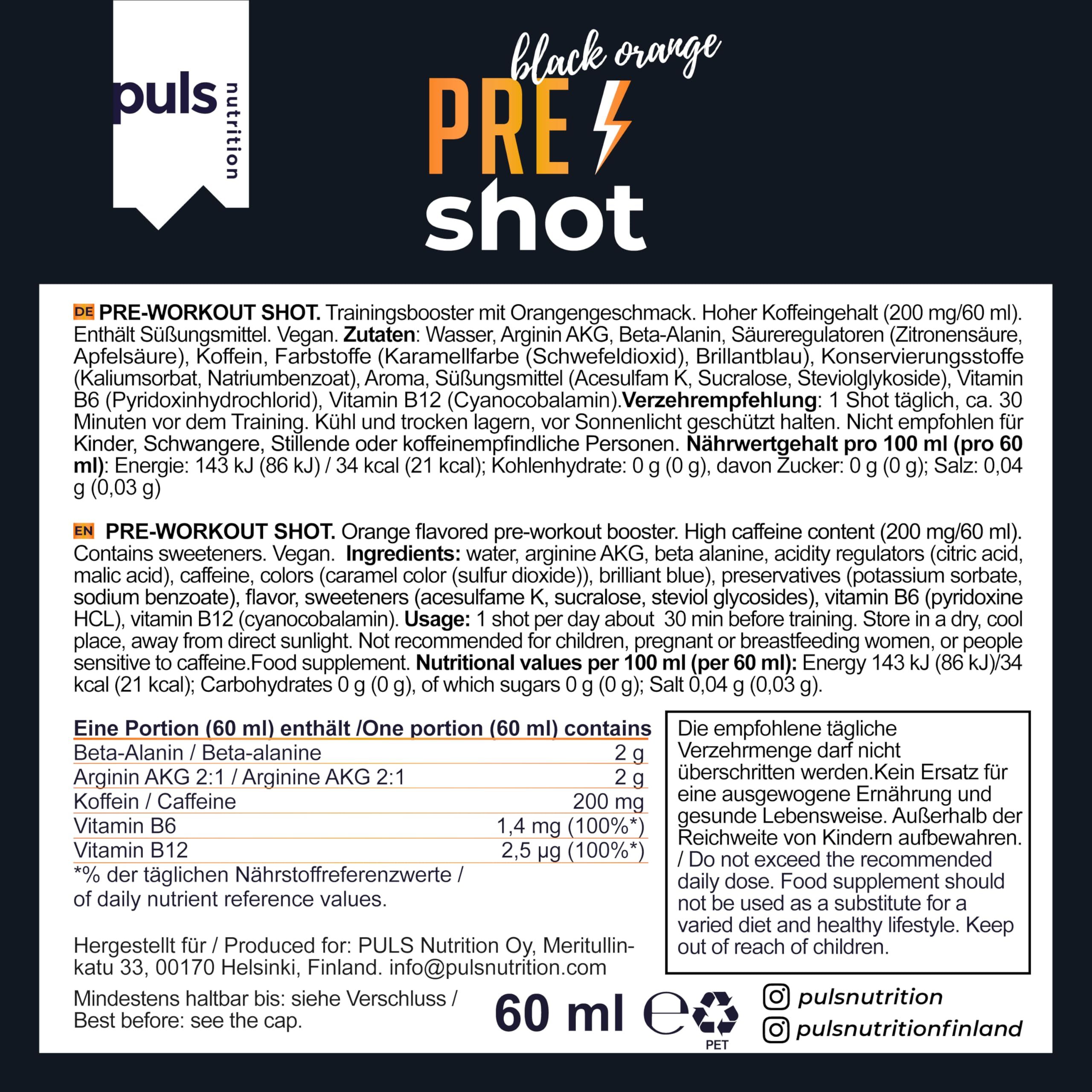 Flasche Puls Nutrition Pre Workout Shot Black Orange mit Nährwertangaben.
