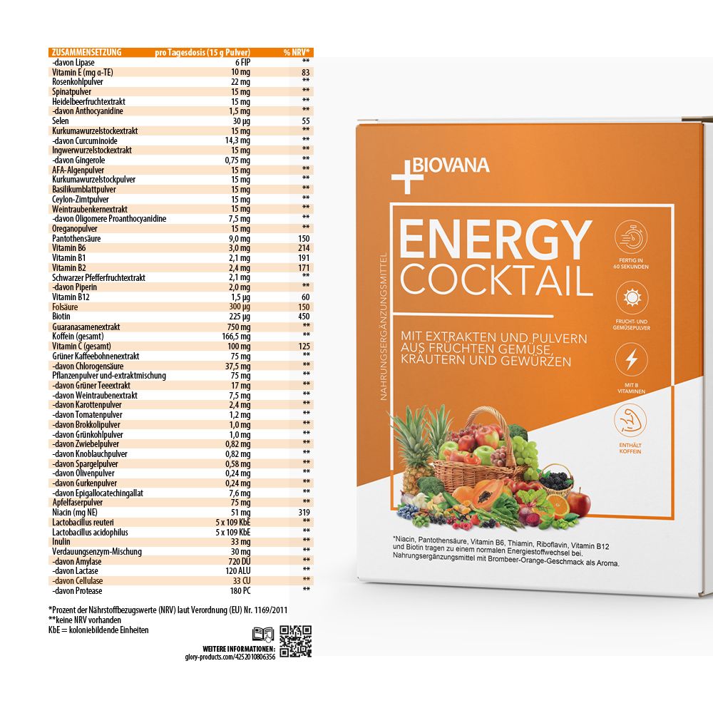 Energy Cocktail-Verpackung mit Nährwerttabelle und Zutatenliste. Enthält eine Illustration von Früchten.