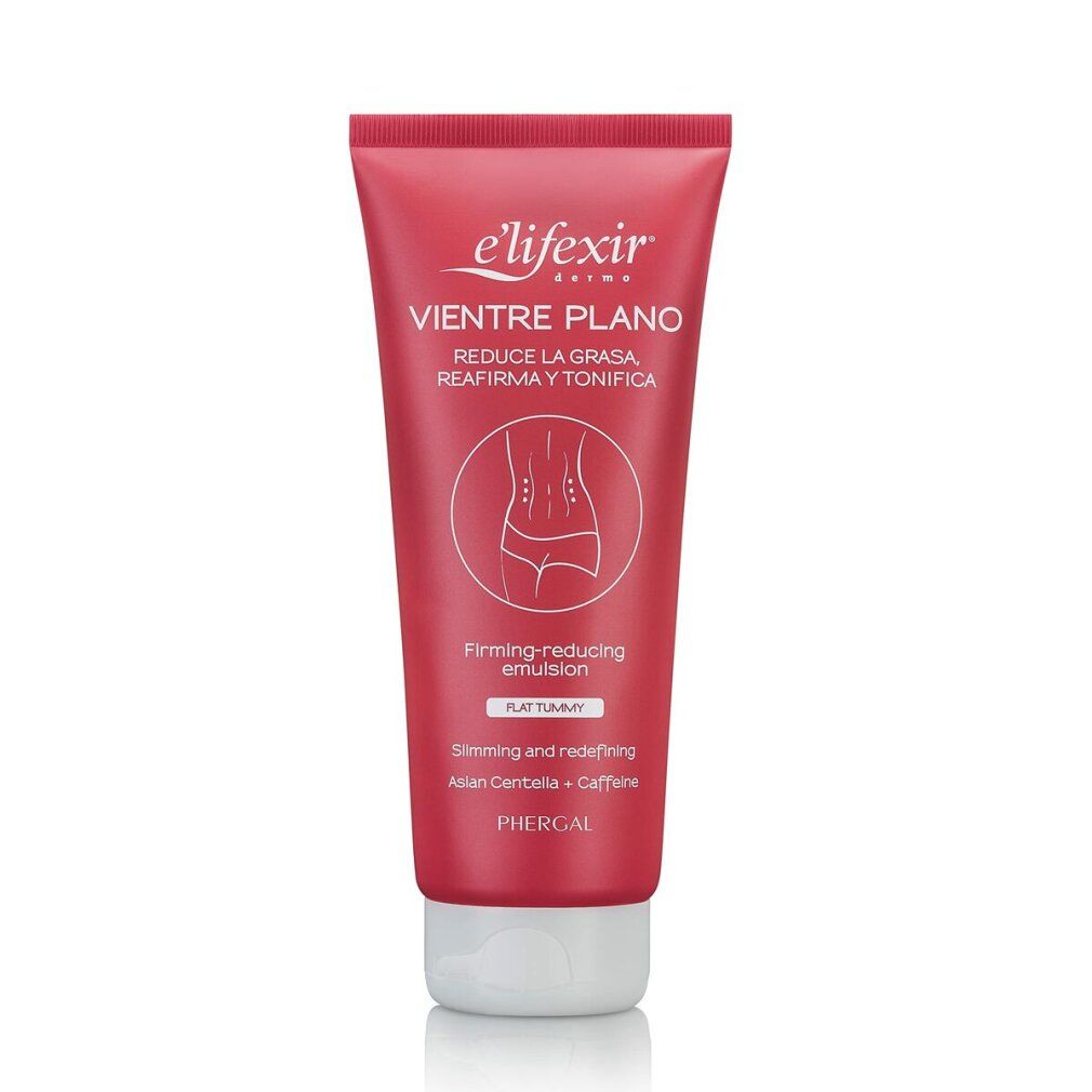 Rote Tube Elifexir Vientre Plano. Text: Reduziert Fett, strafft, tonisiert. Emulsion. Flacher Bauch.