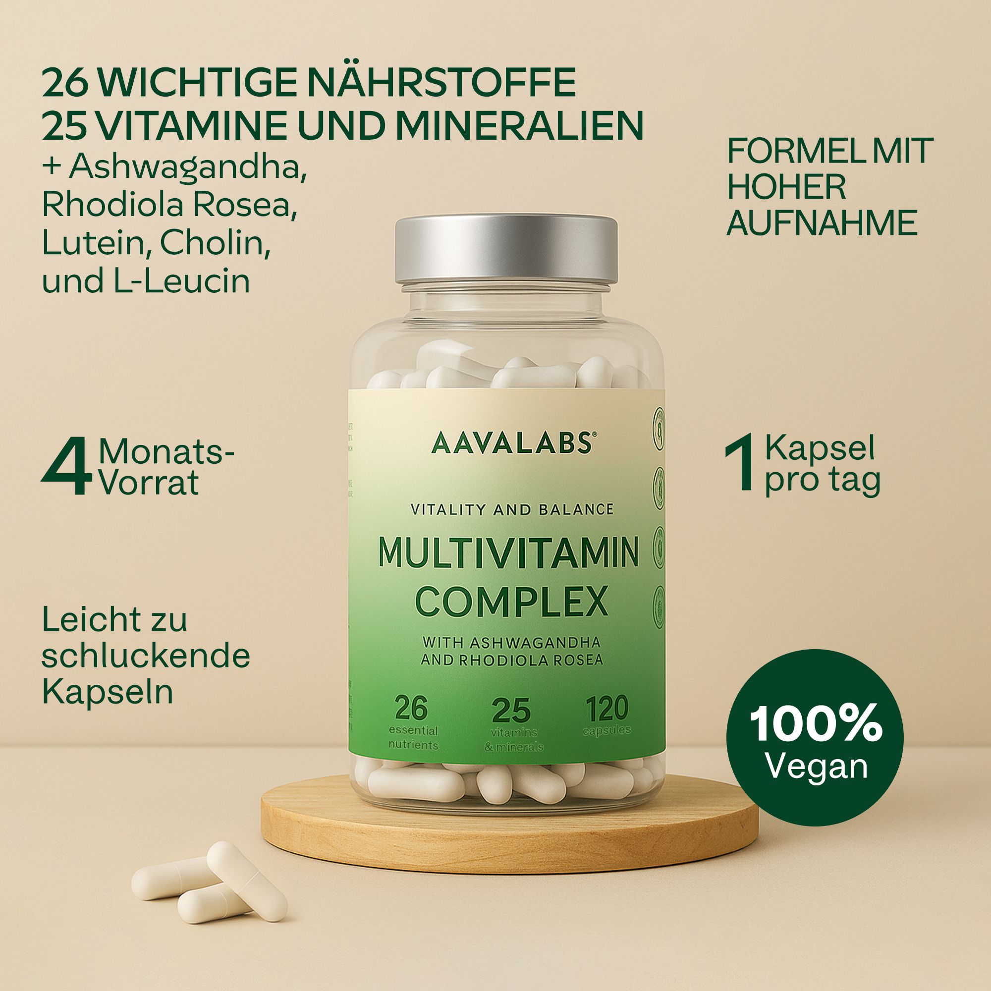 Flasche mit Kapseln. Aufschrift: AAVALABS Multivitamin Complex. 120 Kapseln. 100% Vegan.