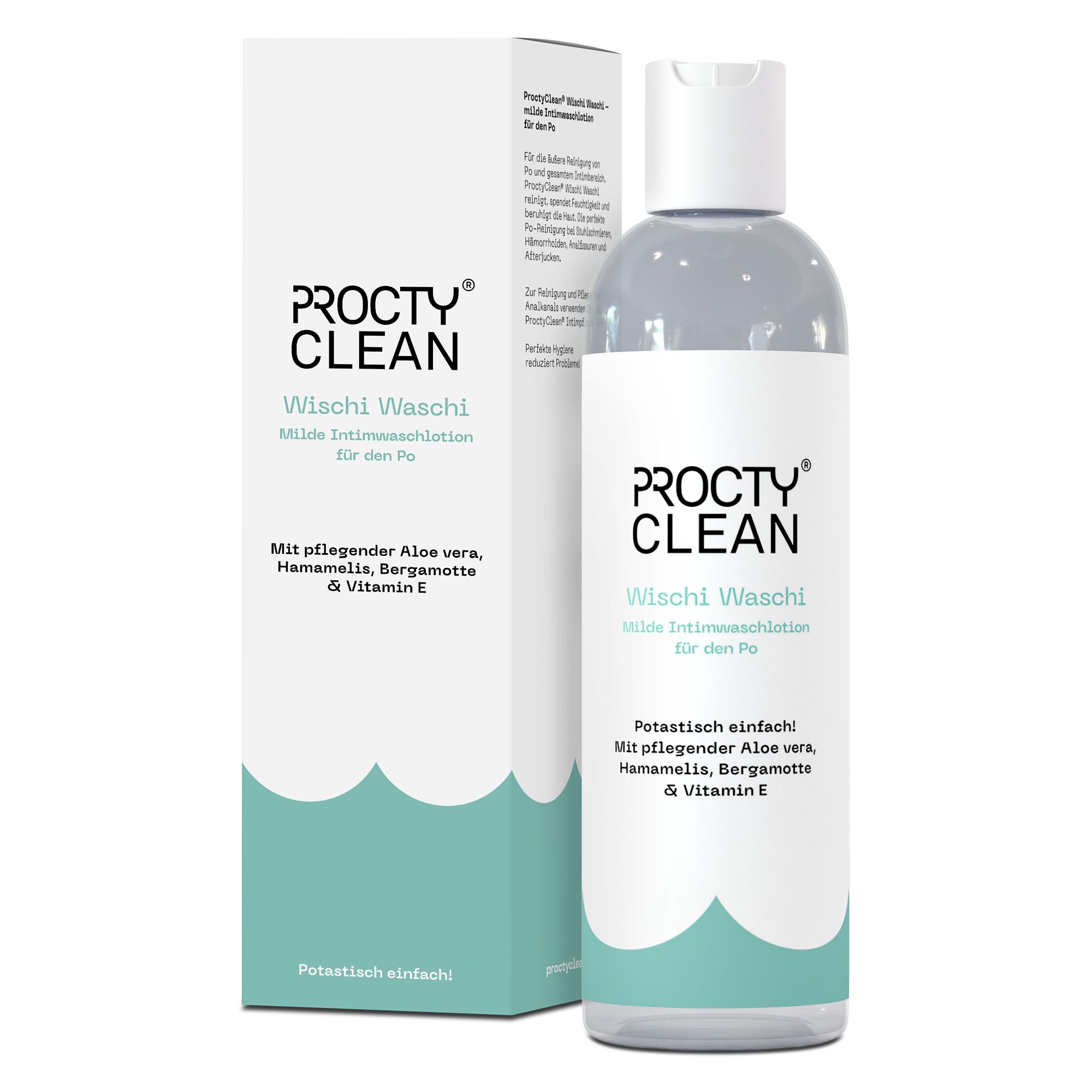 ProctyClean Wischi Waschi Intimwaschlotion Flasche und Verpackung. Der Markenname und Produktname sind auf der Verpackung und Flasche zu sehen.