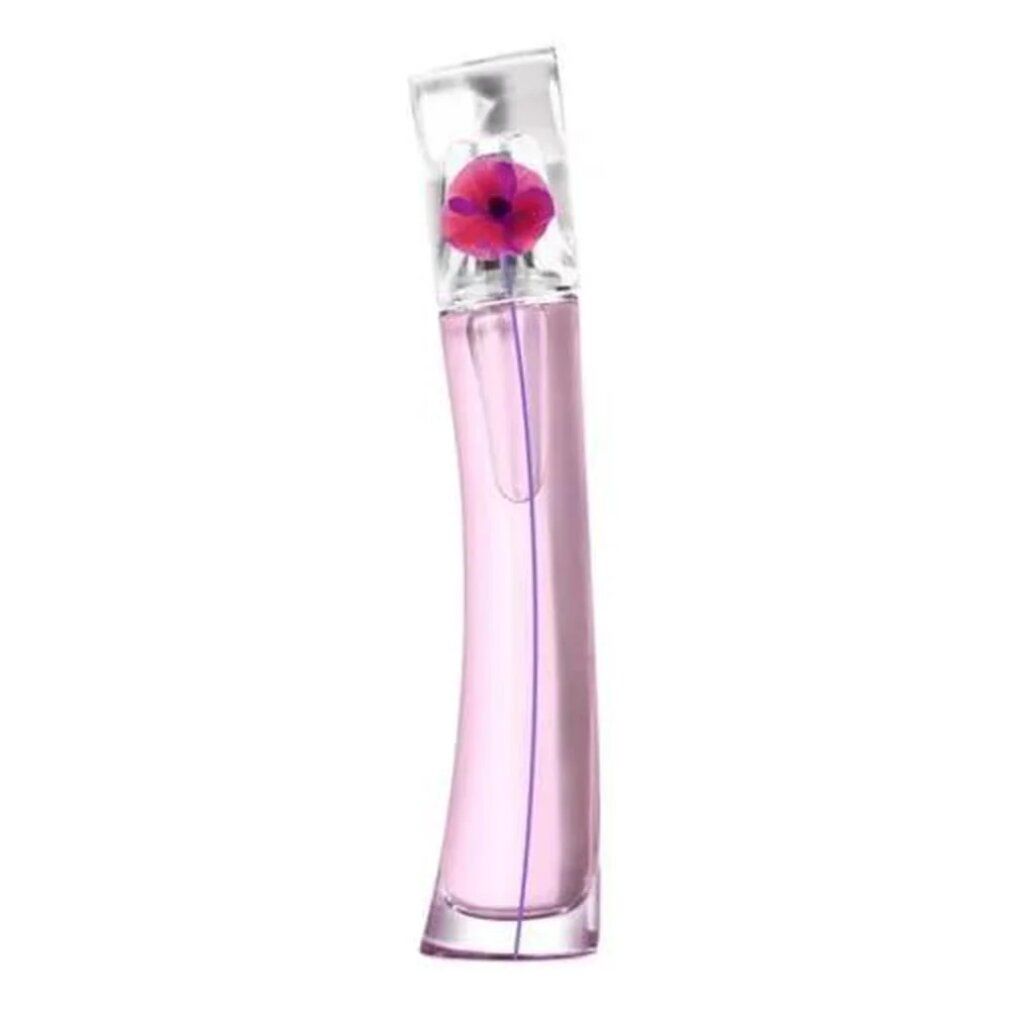 Eine schlanke, rosa gefärbte Glasflasche mit einem transparenten Verschluss, der eine einzelne rote Mohnblume enthält.