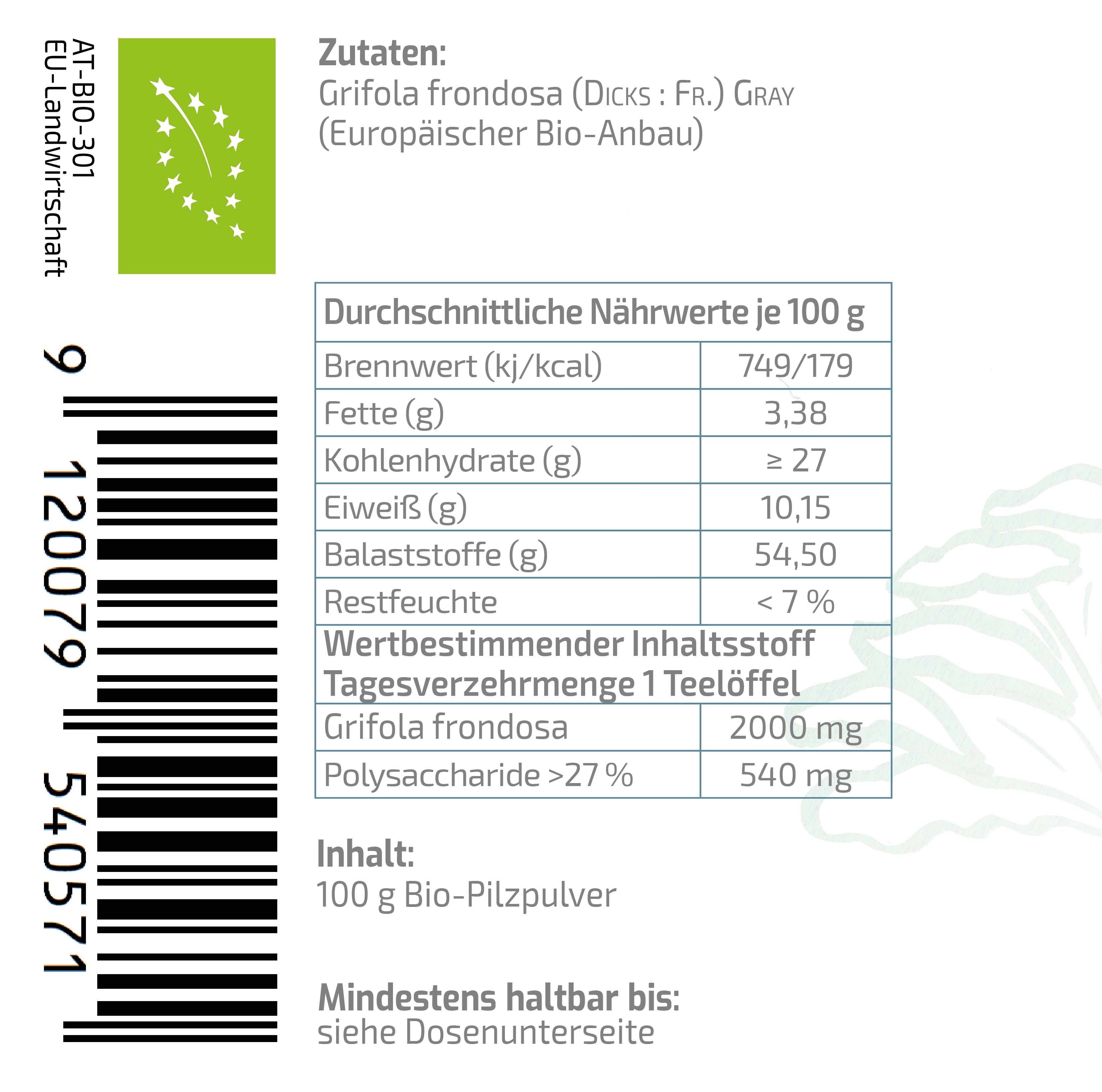BEAUVITAL® Pure Bio Maitake Pulver, Klapperschwamm (Grifola frondosa) aus EU-Anbau