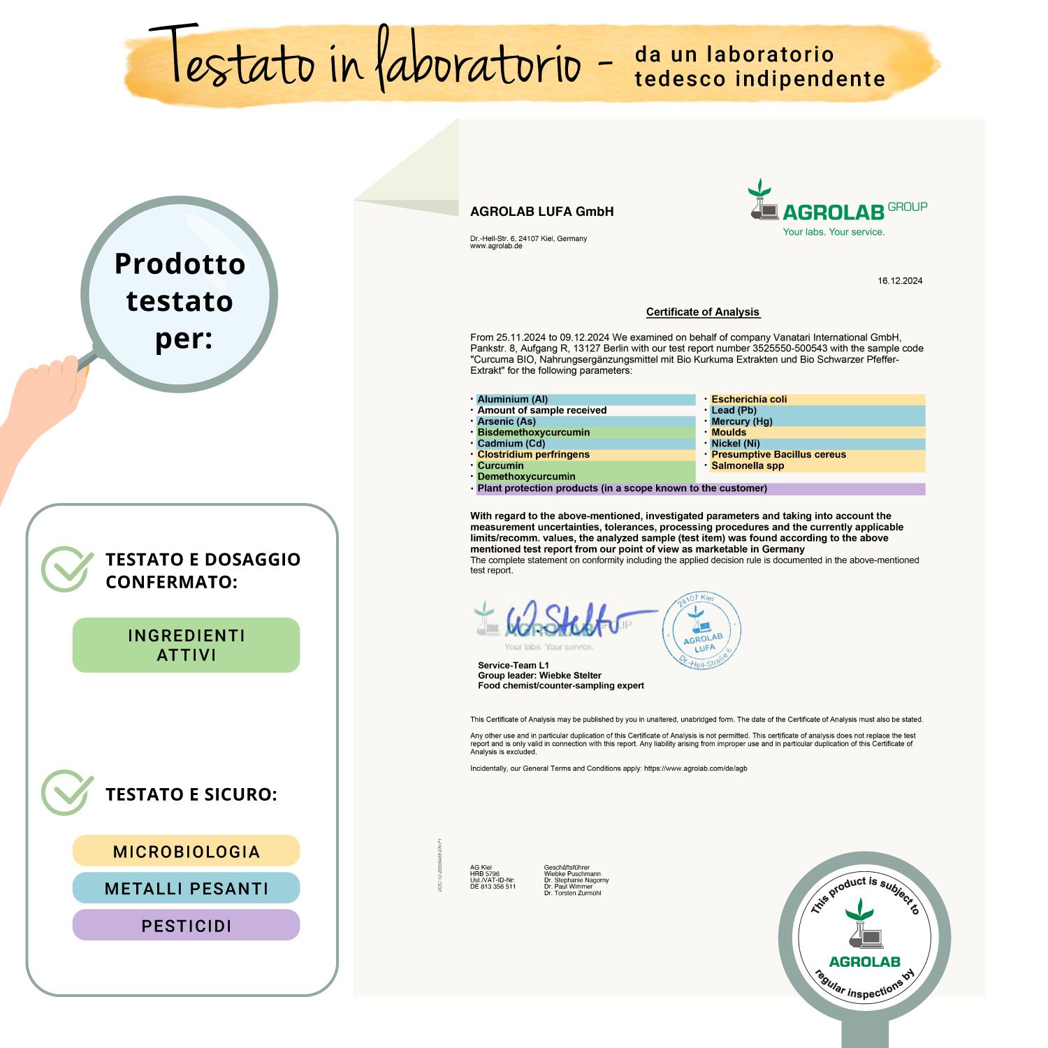 Certificato di laboratorio. Testo: Testato in laboratorio. Dosaggio confermato. Micro-metalli, pesticidi. Certificato di analisi.