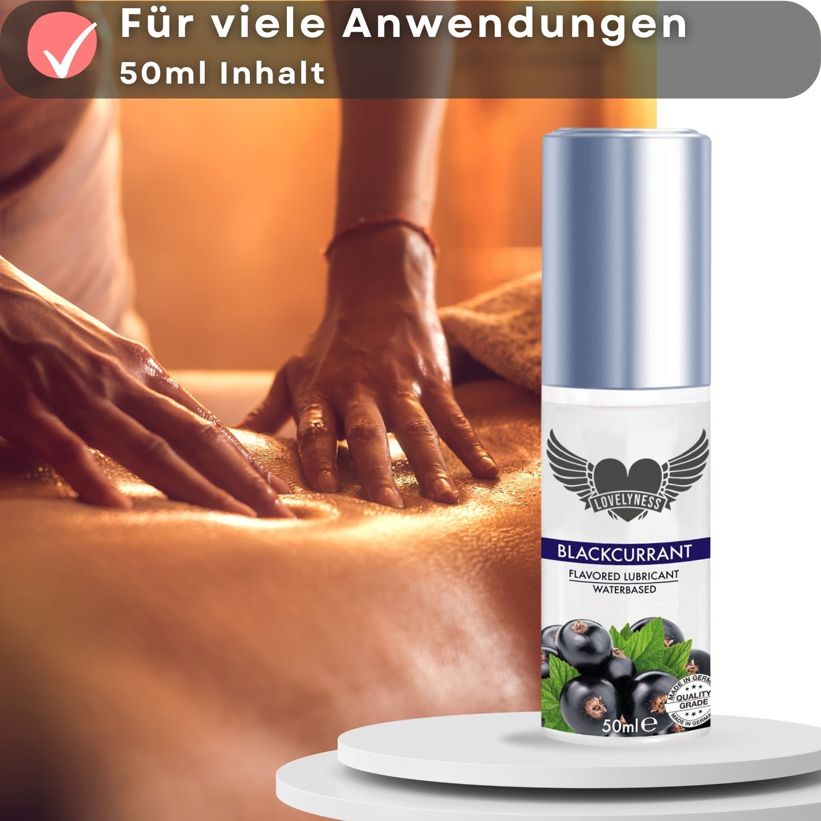 Gleitgel mit Aroma Schwarze Johannisbeere. Für viele Anwendungen. Mit dem Logo Lovelyness und dem Namen Blackcurrant.