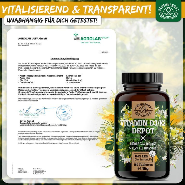 Flasche Scheunengut Vitamin D3/K2 Depot neben einem Agrolab-Prüfbericht. 180 Tabletten.