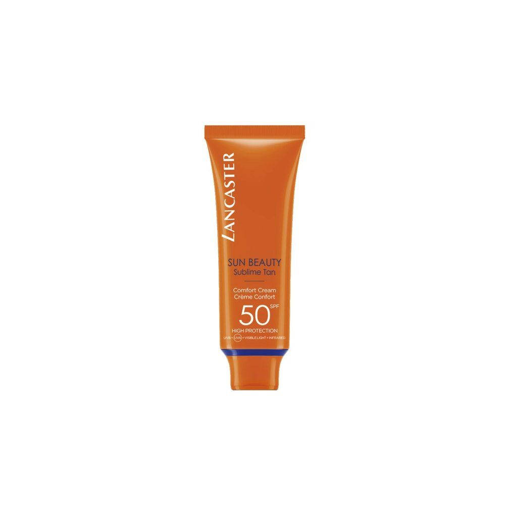 Orange Tube mit Sonnencreme. Text: Lancaster, Sun Beauty, Sublime Tan, Comfort Cream, SPF 50, High Protection.