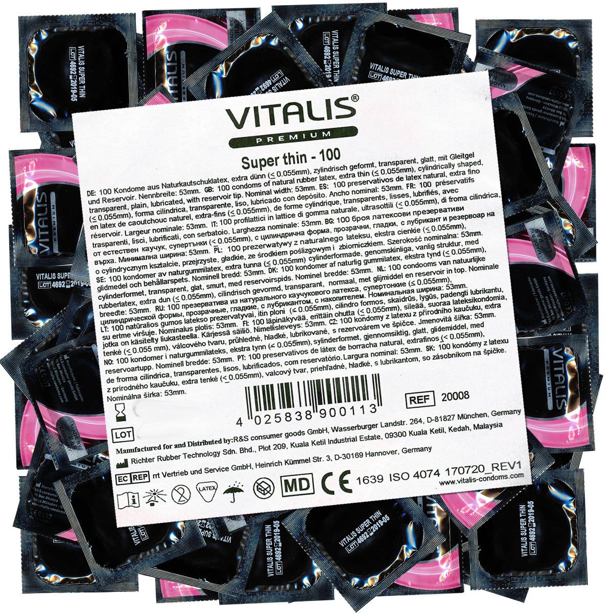 Verpackung mit Kondomen. Marke Vitalis Premium Super Thin. Schwarze Einzelverpackungen, rosa Akzent. ISO 4074.