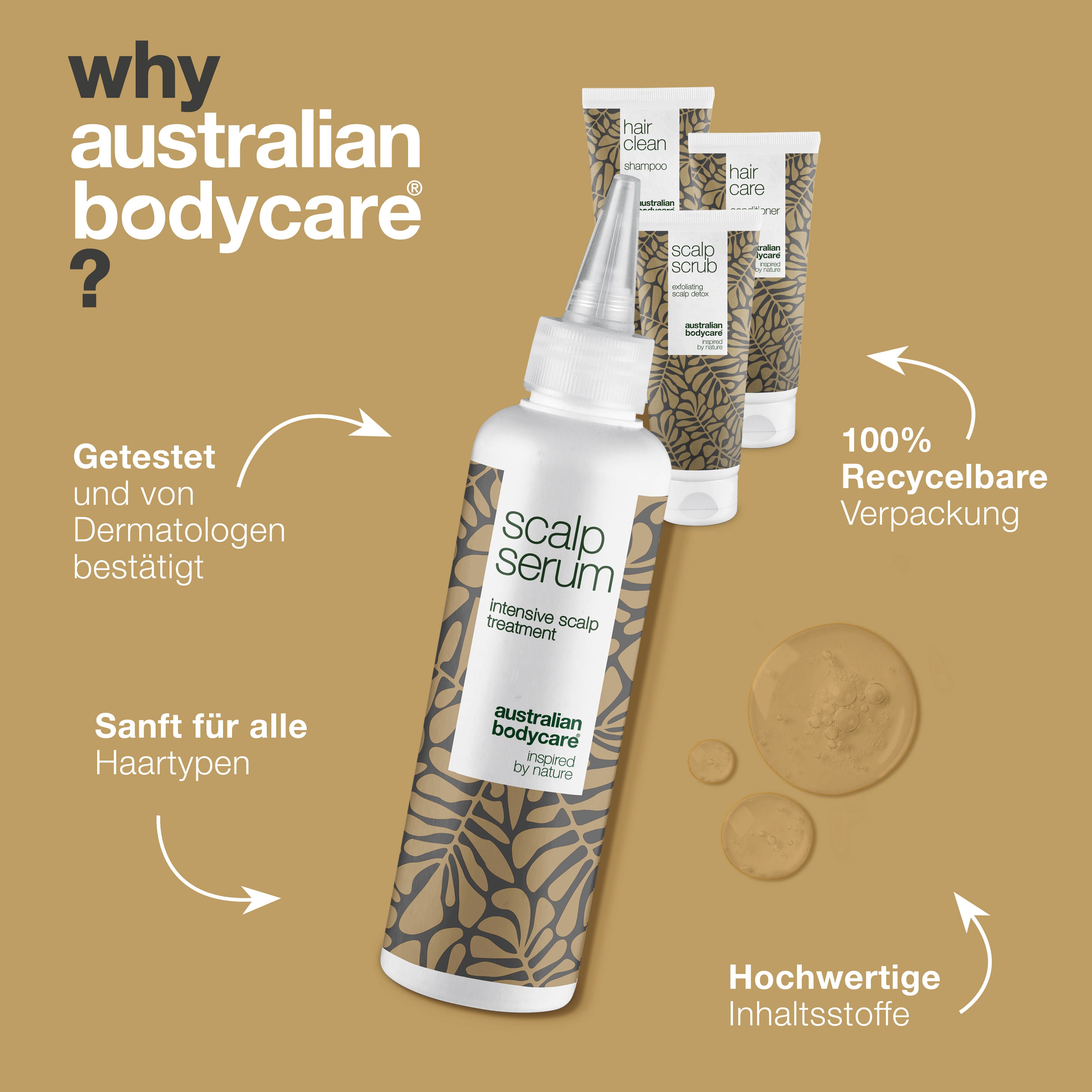 Serum-Flasche mit Pfeilen und Text. 100% recycelbare Verpackung. Hochwertige Inhaltsstoffe. Marke: Australian Bodycare.