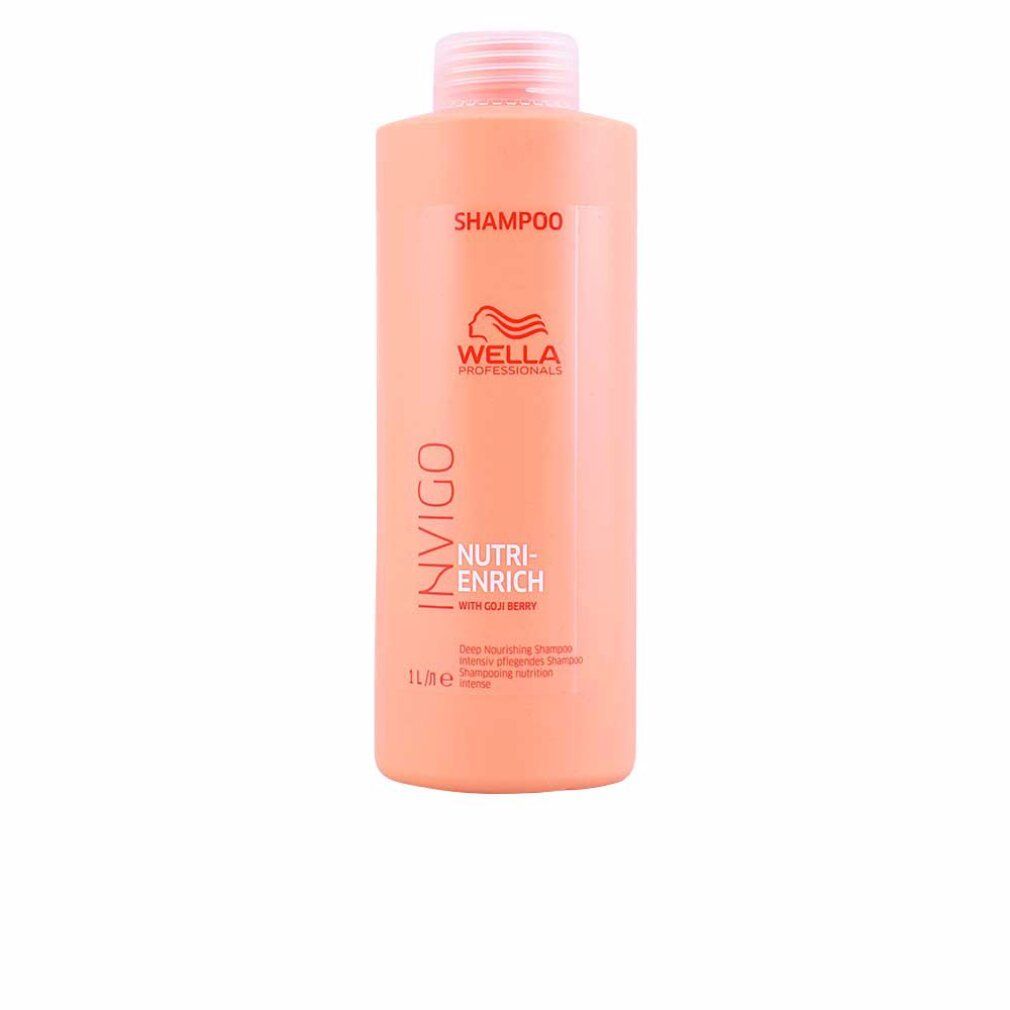 Wella Invigo Nutri-Enrich Shampoo. Orangefarbene Flasche mit rosa Deckel. Schriftzug: Invigo, Nutri-Enrich, Shampoo, 1L.