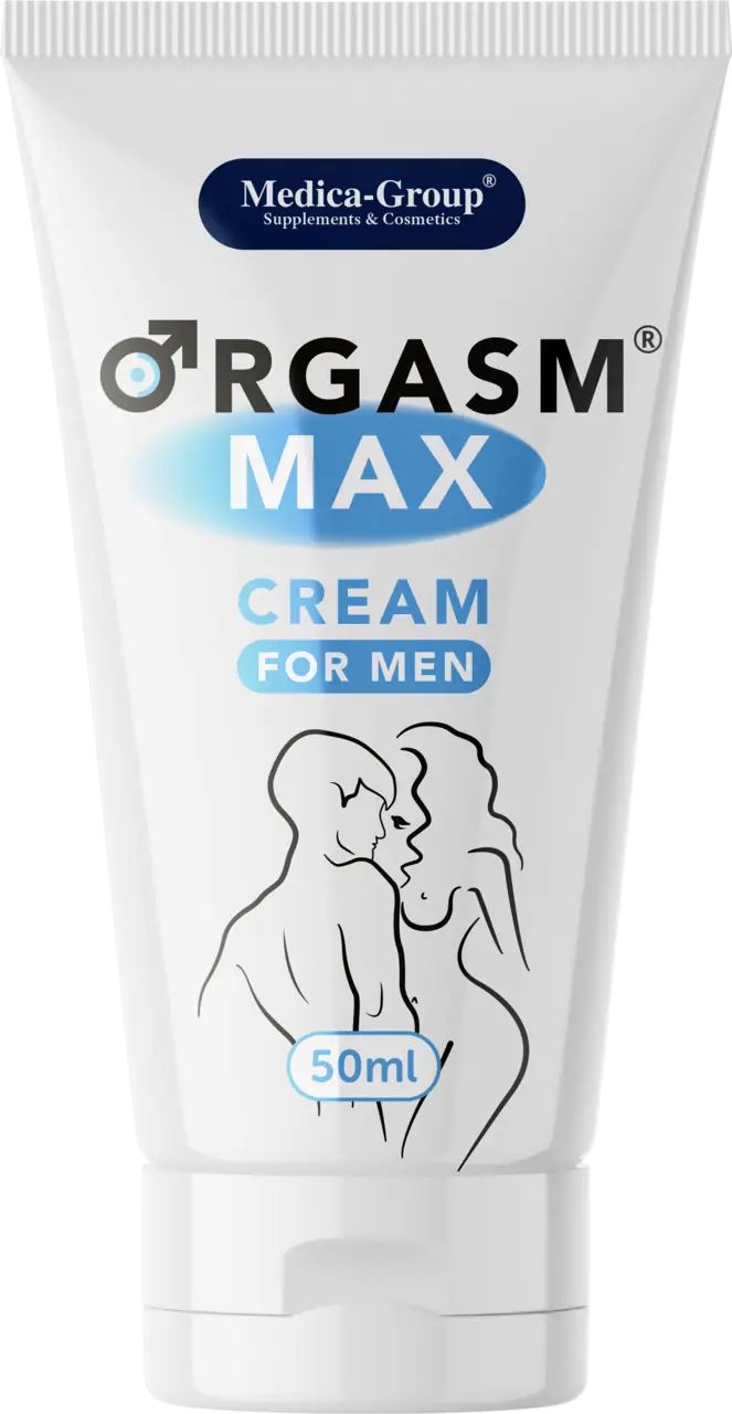 Creme-Tube. Aufschrift: ORGASM MAX CREAM FOR MEN. Abbildung: Mann und Frau. 50ml. Medica-Group.