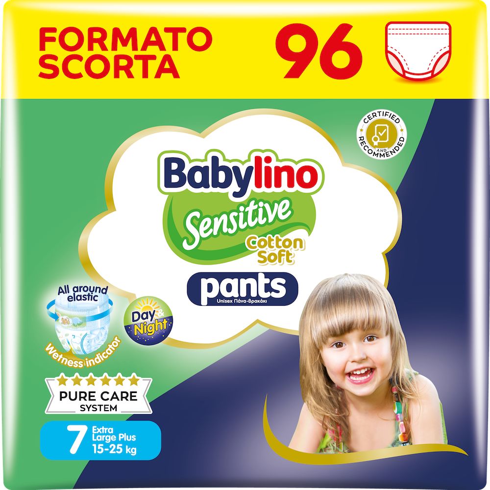 Babylino Sensitive Cotton Soft Pannolini Mutandina Taglia 7, Pants XL Plus (15-25 Kg), 96 Unità