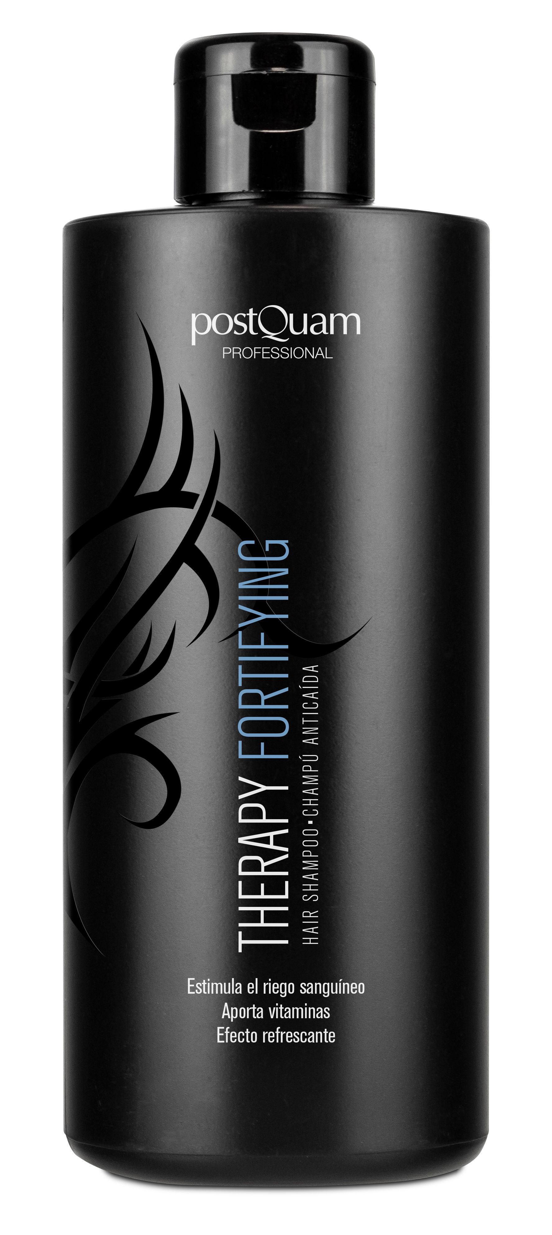 Schwarze Shampoo-Flasche mit weißem Schriftzug "Postquam Professional" und "Therapy Fortifying".