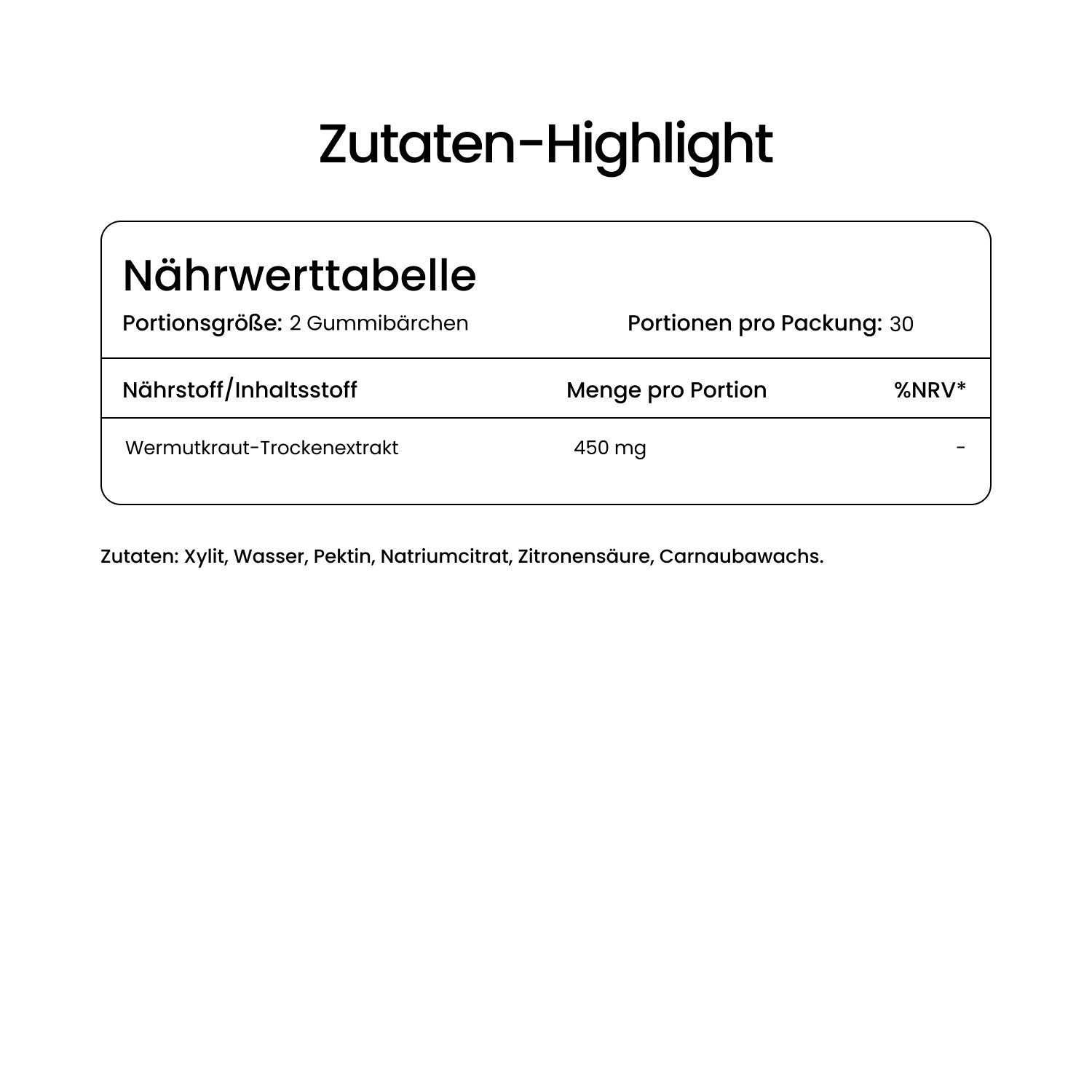Nährwerttabelle: Portionsgröße 2 Gummibärchen. Nährstoff: Wermutkraut-Trockenextrakt, 450 mg.