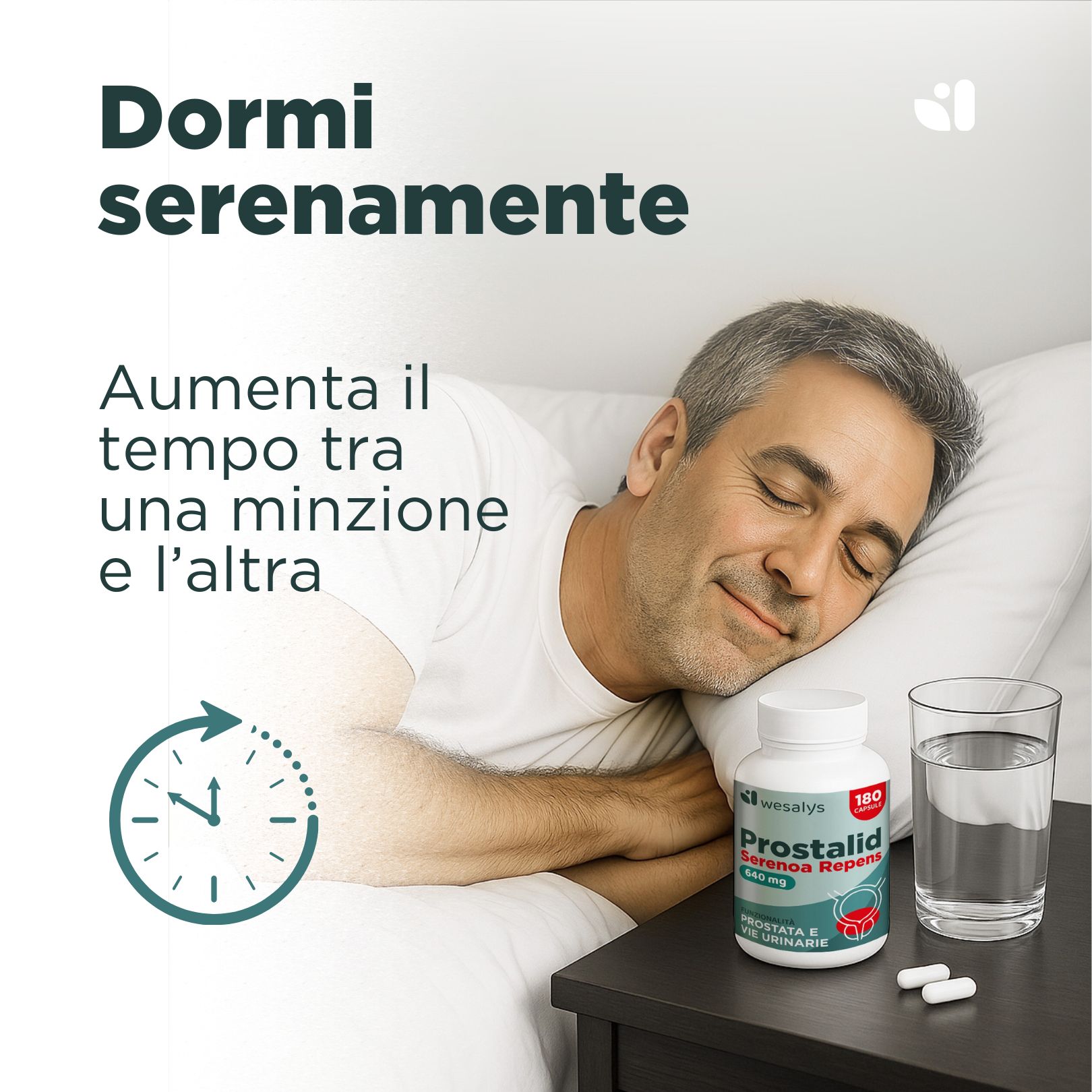 Uomo che dorme pacificamente a letto. Accanto a lui, un flacone di capsule, un bicchiere d'acqua e due capsule.