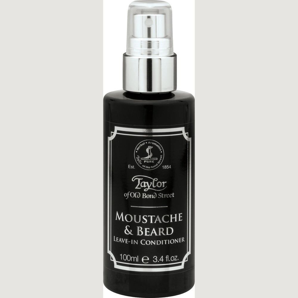 Schwarze Flasche mit Pumpspender für Bart- und Schnurrbart-Leave-in-Conditioner von Taylor of Old Bond Street.