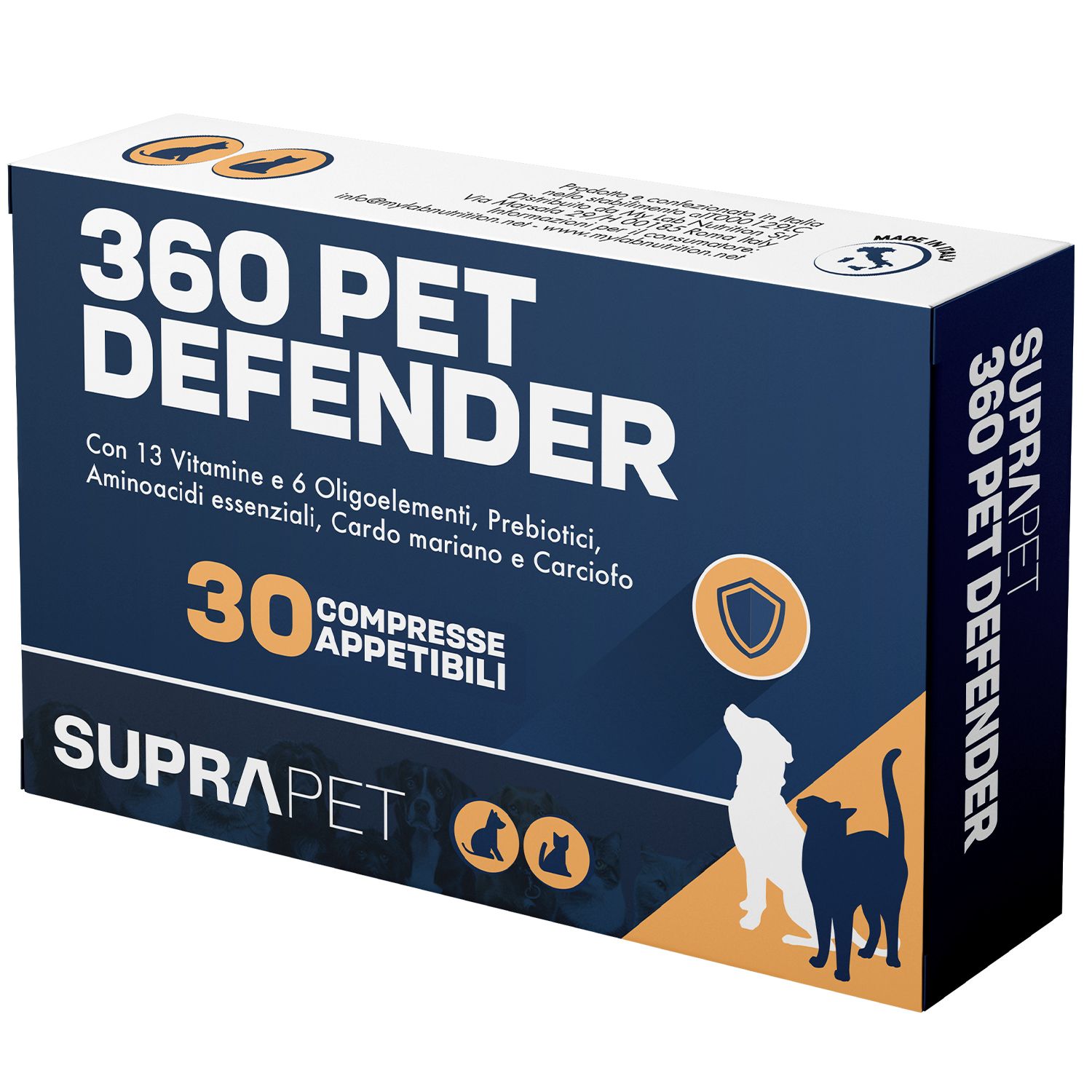 Scatola "360 PET DEFENDER" per cani e gatti. Contiene 30 compresse. Logo: cane e gatto.