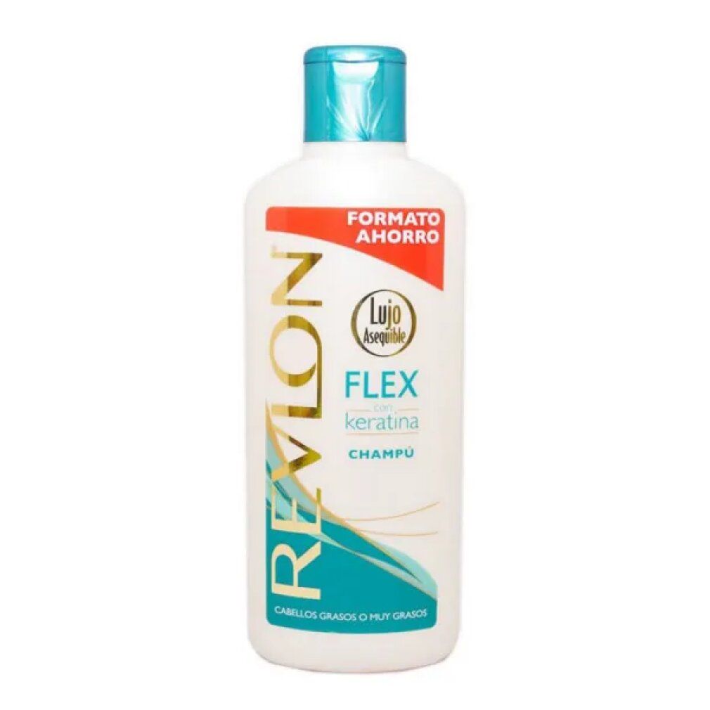 Weiße Shampoo-Flasche mit blauem Deckel. Aufschrift: Revlon Flex Keratina Champú. Für fettiges oder sehr fettiges Haar. Sparformat.