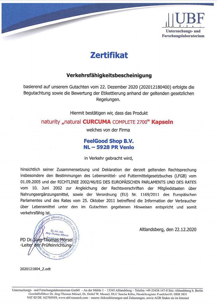 Zertifikat mit Text Naturity natural CURCUMA COMPLETE 2700 Kapseln. Unterschrift von PD Dr. Jörg-Thomas Mörsel.