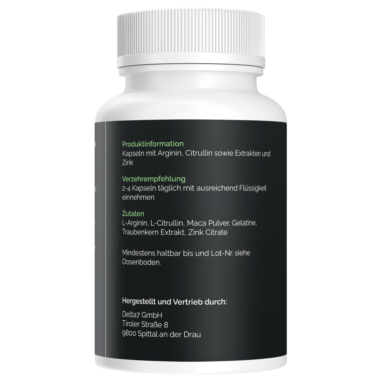 Rückseite des Heraxil Kapselbehälters: Produktinformationen, Verzehrempfehlung, Zutaten, Hersteller.