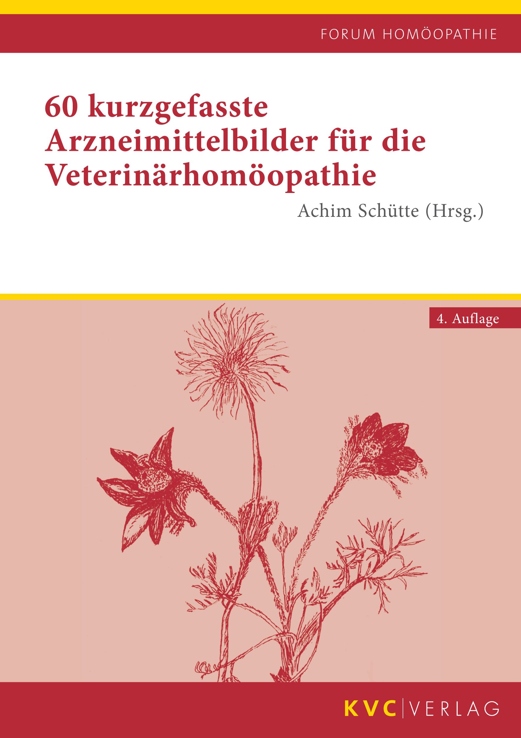 Buchcover: "60 kurzgefasste Arzneimittelbilder für die Veterinärhomöopathie". Roter Hintergrund, Illustration von Blumen, Schriftzug.