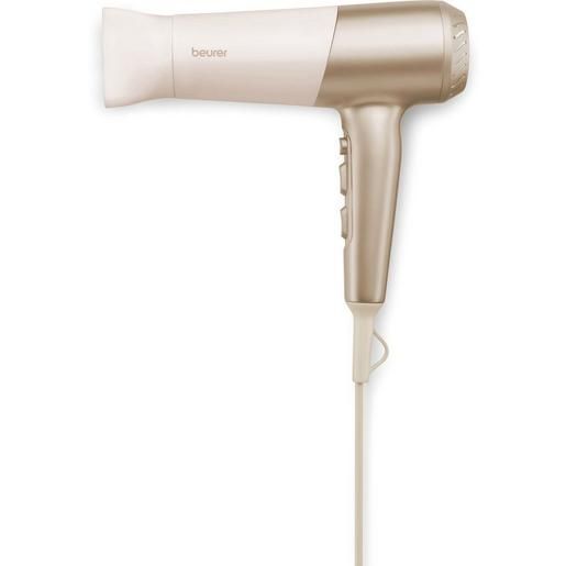 Haartrockner in Creme und Gold. Mit Griff, Düse und Kabel. Marke Beurer sichtbar.
