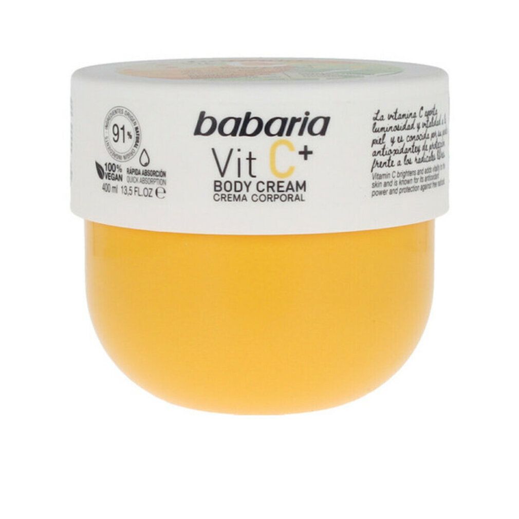 Gelbe Creme-Dose mit weißem Deckel. Aufschrift: babaria Vit C+ Body Cream. Vegan-Siegel.