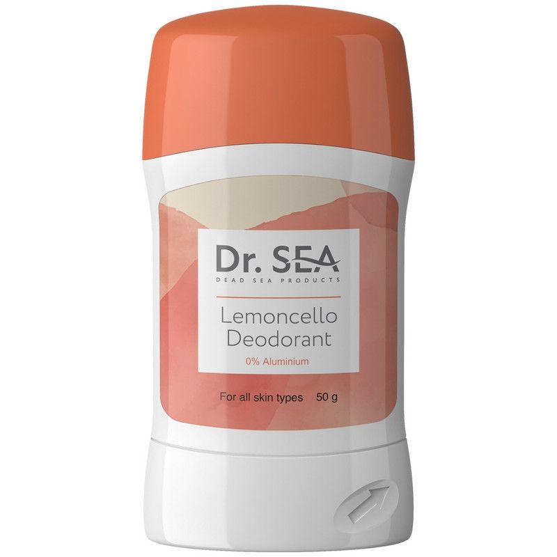 Stick de déodorant avec couvercle orange. Inscription : Dr. SEA, Lemoncello Deodorant, 0% Aluminium, pour tous types de peau.