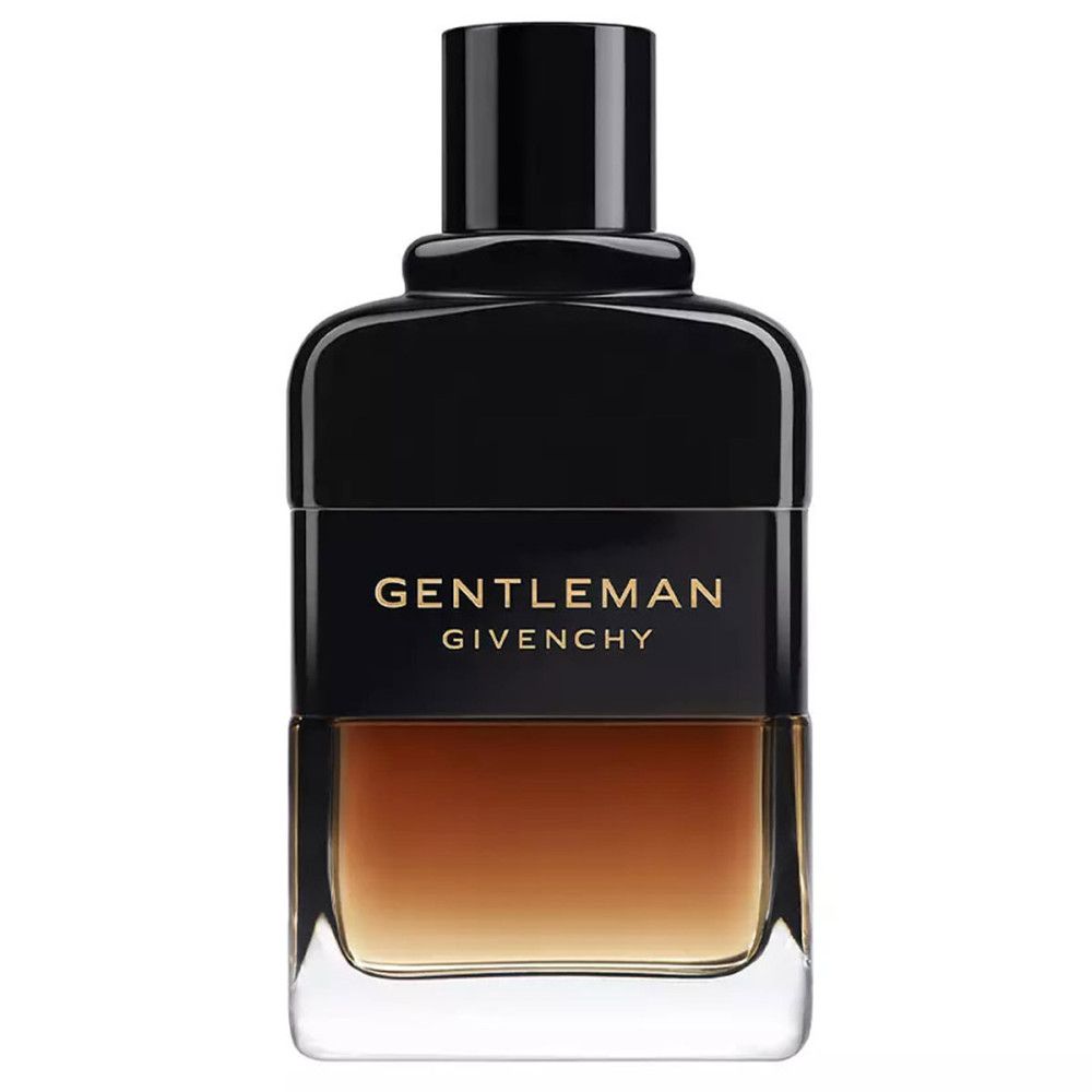 Givenchy Gentleman Réserve Privée Eau de Parfum. Schwarzer Flakon mit brauner Flüssigkeit. Logo und Schriftzug.