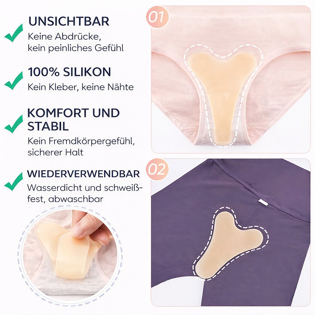 Zwei Slips mit eingelegten, Y-förmigen Silikon-Pads. Text: Unsichtbar, 100% Silikon, Komfort und stabil, Wiederverwendbar.