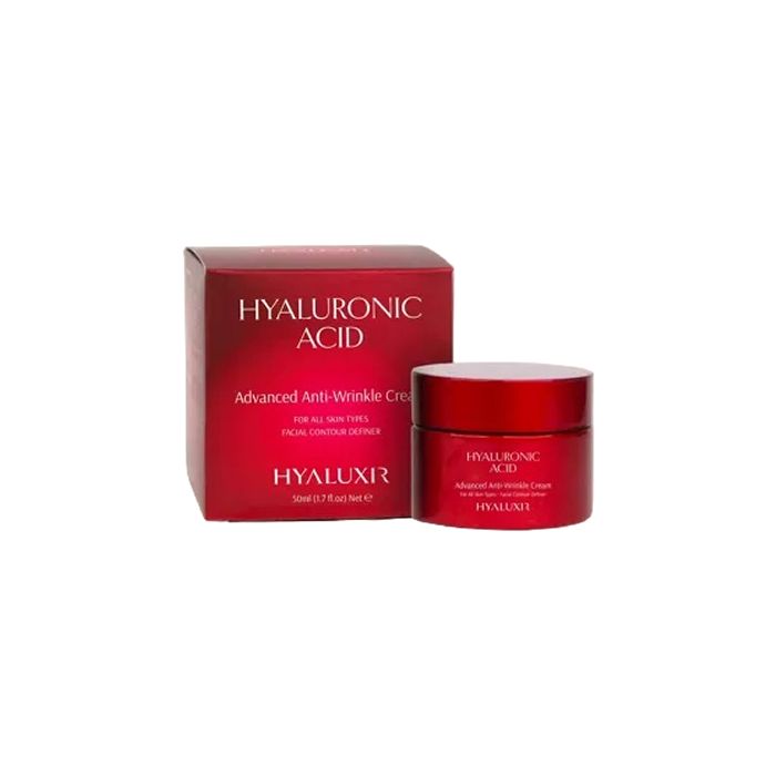 Rote Faltencreme-Dose und -Schachtel. Aufschrift: Hyaluronsäure, Advanced Anti-Wrinkle Cream. Für alle Hauttypen.