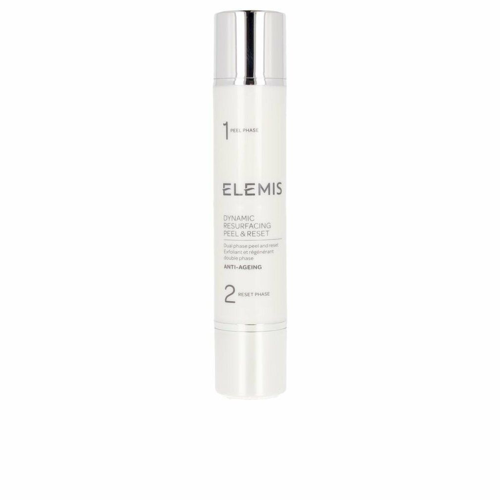 Weißer Flakon mit silbernem Deckel. Text: ELEMIS, DYNAMIC RESURFACING PEEL & RESET. Zwei Phasen, Anti-Aging.