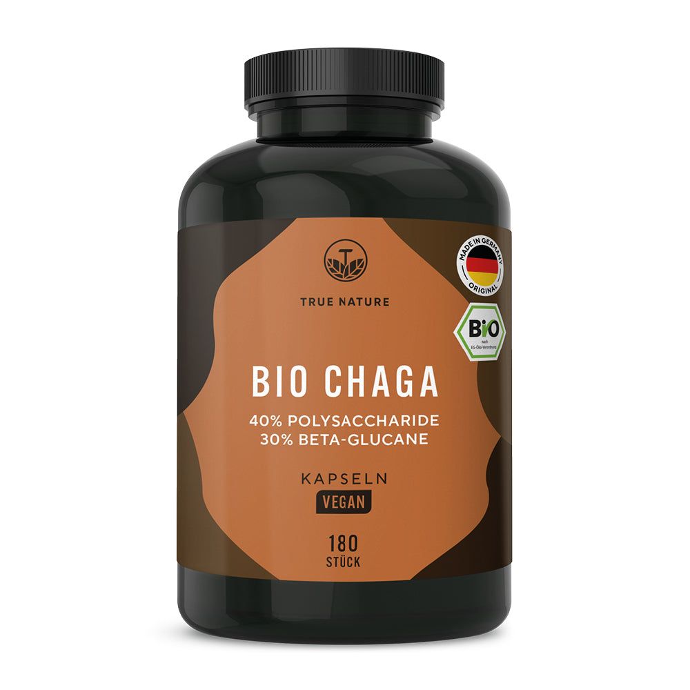 TRUE NATURE® Bio Chaga Kapseln: Brauner Behälter mit orangefarbenem Etikett, 180 Stück, vegan.