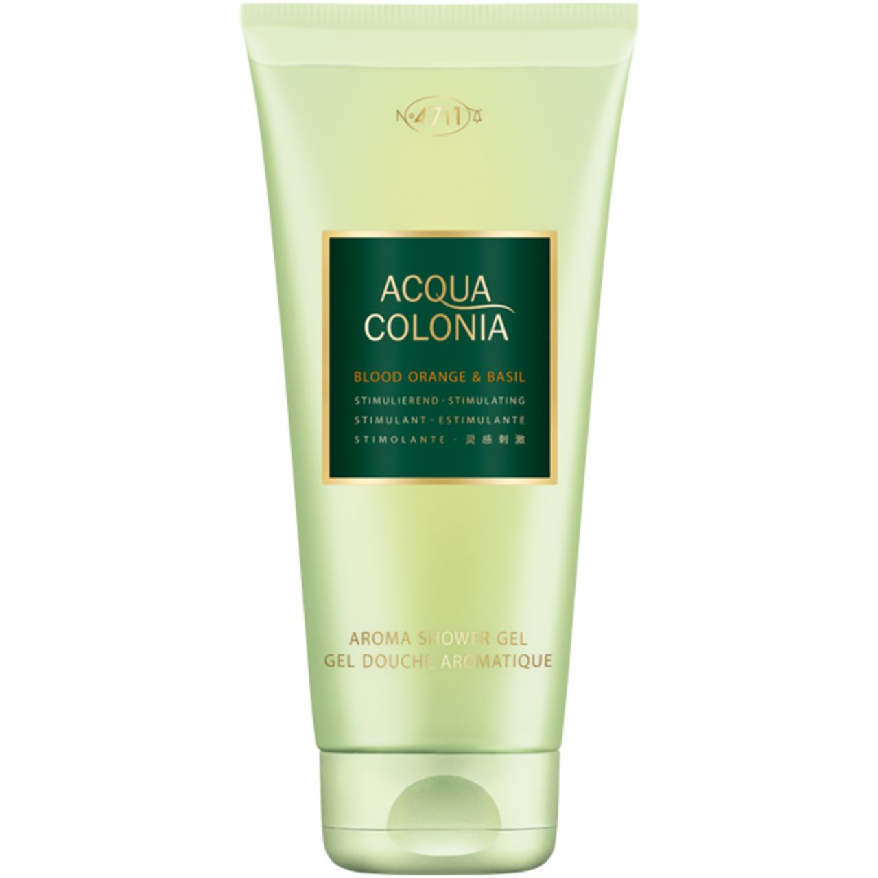 Grünes Aroma-Duschgel mit schwarzem Etikett. Aufschrift: Acqua Colonia Blood Orange & Basil. Tube.
