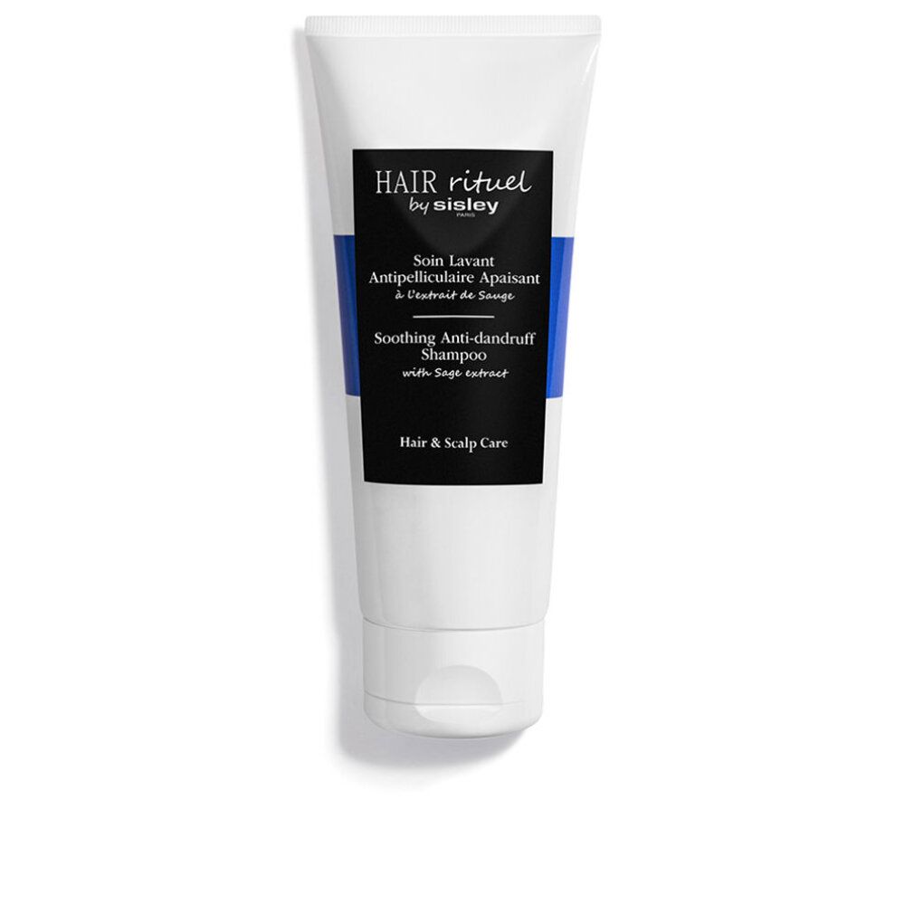 Weiße Tube mit schwarzem und blauem Etikett. Schriftzug: HAIR RITUEL by Sisley, Soin Lavant Antipelliculaire Apaisant, Soothing Anti-dandruff Shampoo.