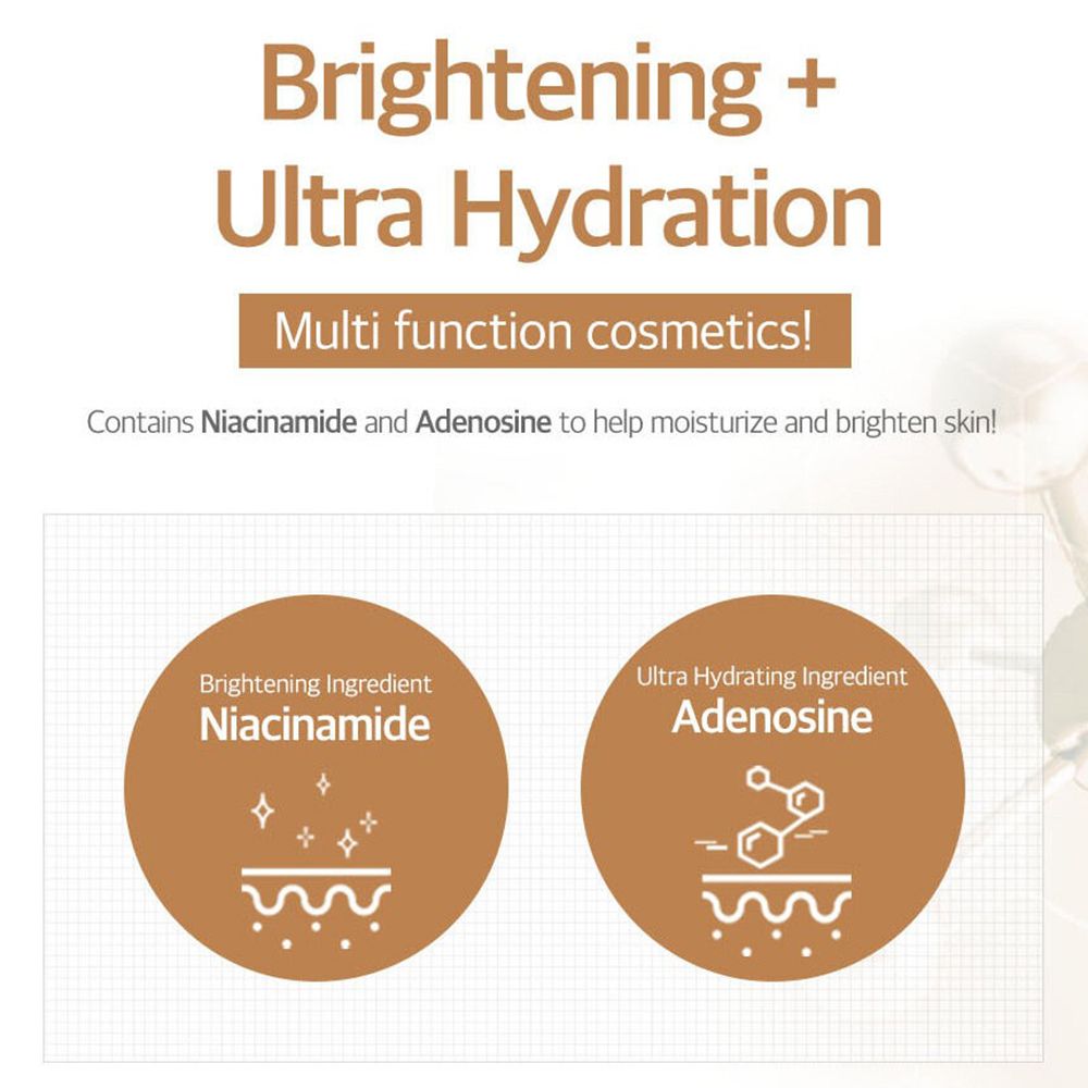 Zwei Kreise mit Text. Text: Brightening + Ultra Hydration. Inhaltsstoffe: Niacinamid und Adenosin.