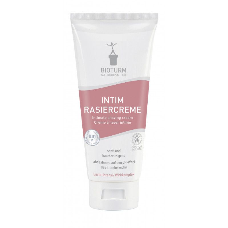 Weiße Tube mit rosa Streifen. Aufschrift: INTIM RASIERCREME. Logos: Bio, Cosmos Natural. Text: sanft und hautberuhigend.