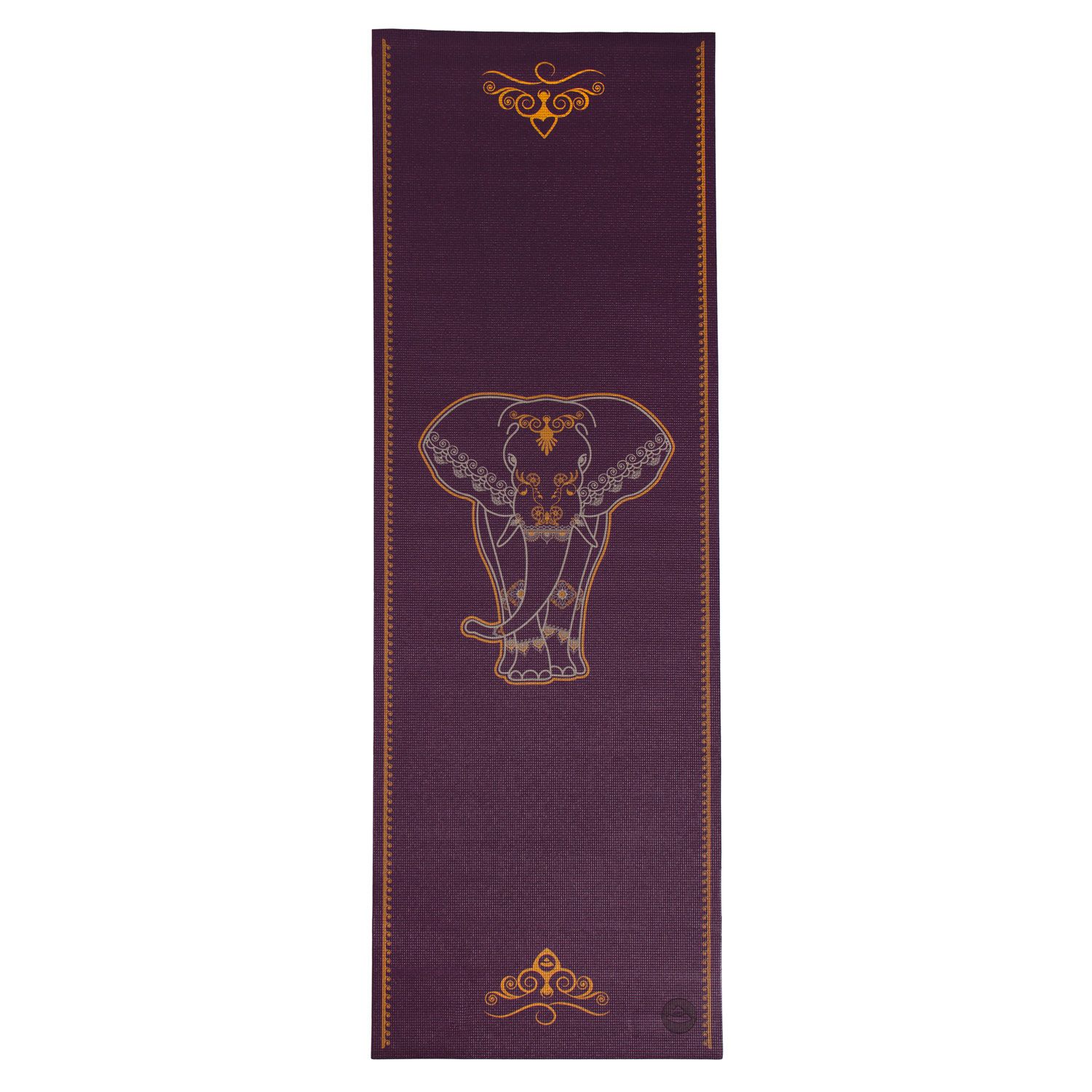 Bordeaux yogamat met gouden olifantenontwerp. Rechthoekig, met gouden randen en versieringen.