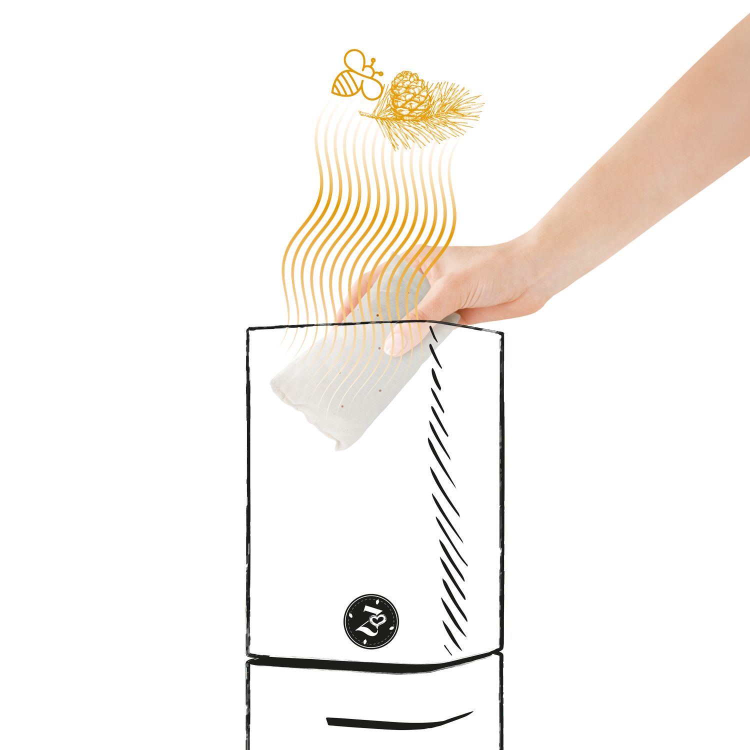 Hand legt Stoffkissen in eine skizzierte Verpackung. Goldene Illustration von Biene und Zweig.