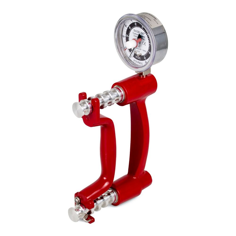 Rotes Handdynamometer mit silbernen Griffen und Messanzeige. Rundes Messgerät mit schwarzer Skala und rotem Zeiger.