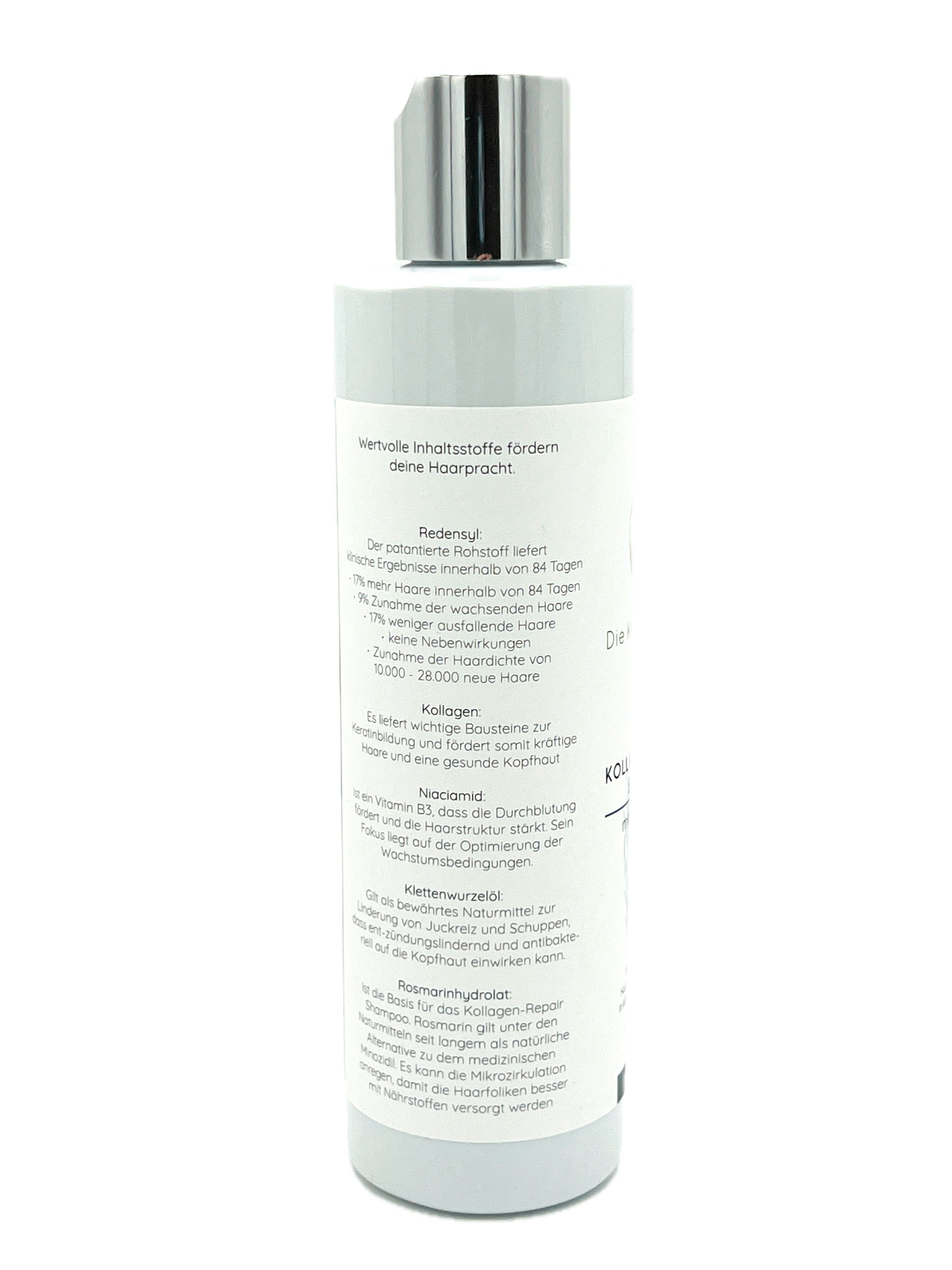 Rückseite der Shampoo-Flasche. Text: Inhaltsstoffe, Redensyl, Kollagen, Rosmarin. Logo: Die Kräutermagie.
