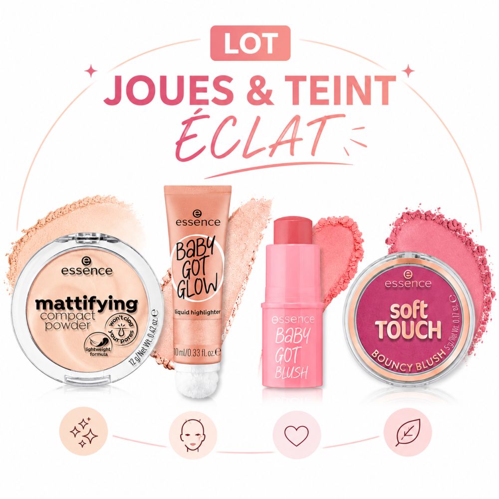 Essence Stralende Wangen & Teint Set: Mattifying Compact Powder, Baby Got Glow Highlighter, Baby Got Blush und Soft Touch Bouncy Blush.