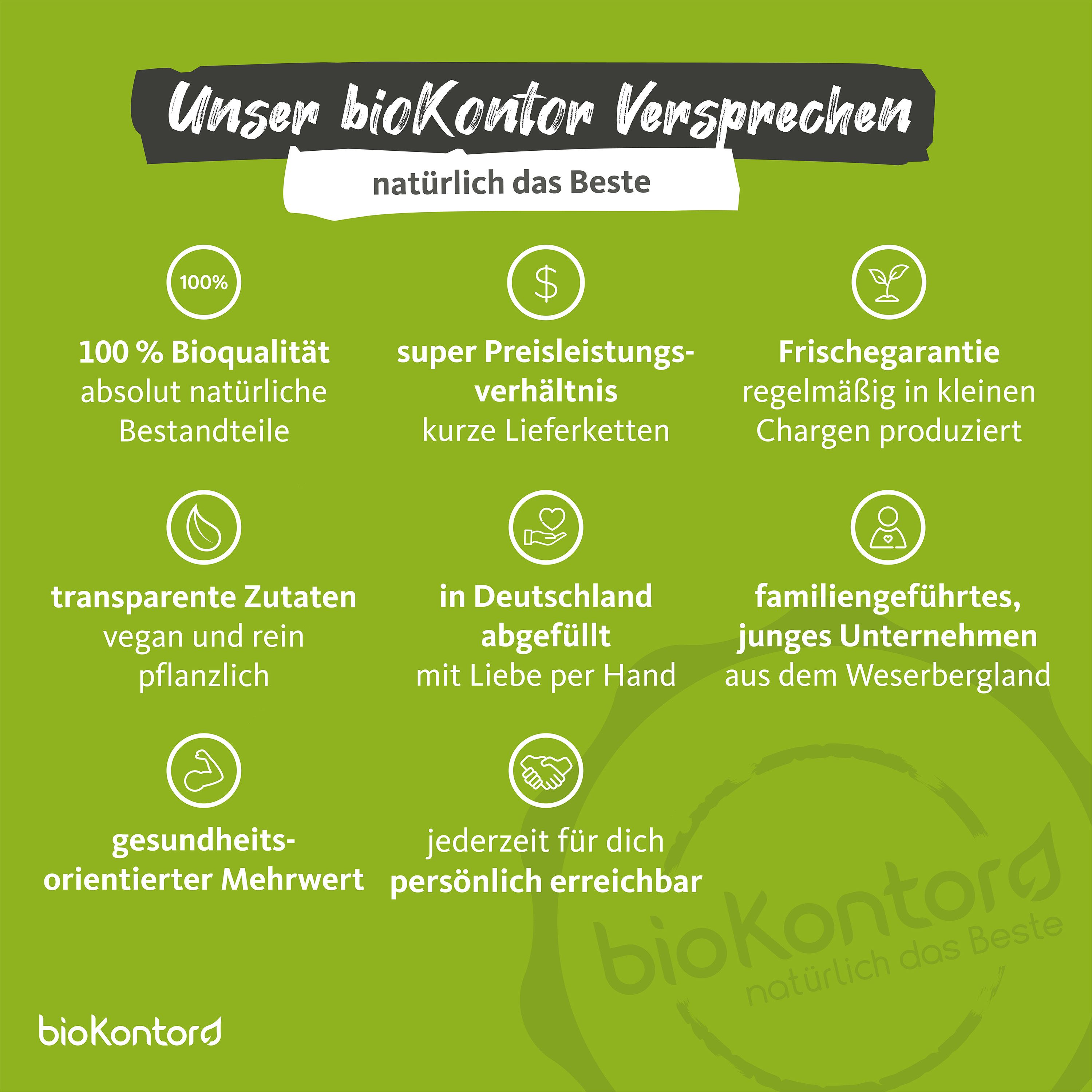 Grafik mit dem bioKontor Versprechen: 100% Bioqualität, Transparenz, Gesundheit.