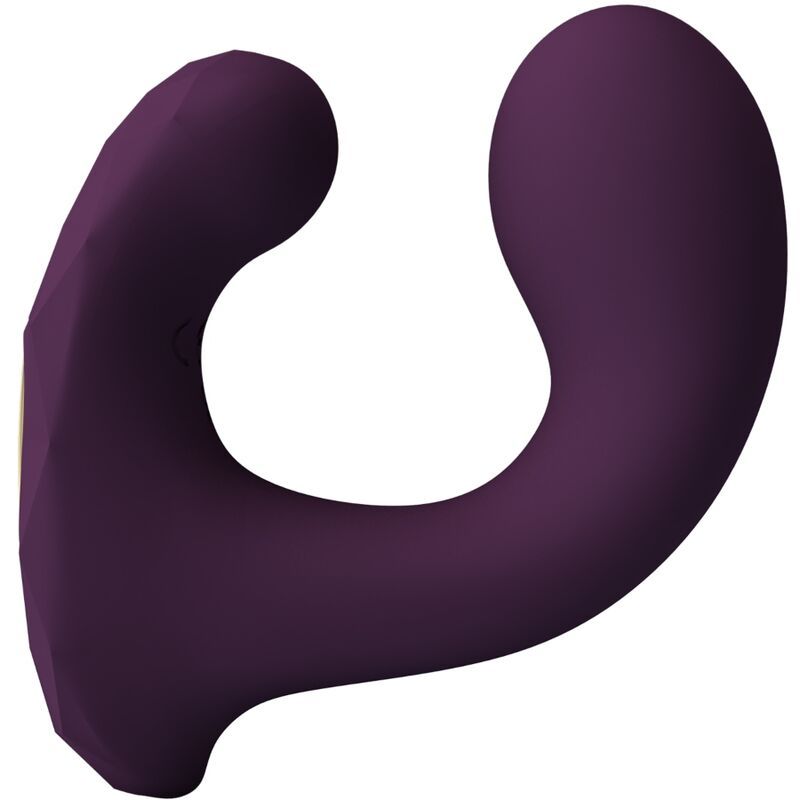 Lila Vibrator mit U-Form. Geometrische Oberfläche, abgerundete Enden. Goldfarbene Öffnung.