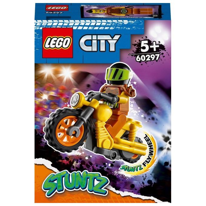 LEGO City Stunt Bike da Demolizione. La confezione mostra una moto stunt gialla con un pilota con un casco. Il set è destinato a bambini dai 5 anni in su. I loghi LEGO e City sono visibili sulla confezione.