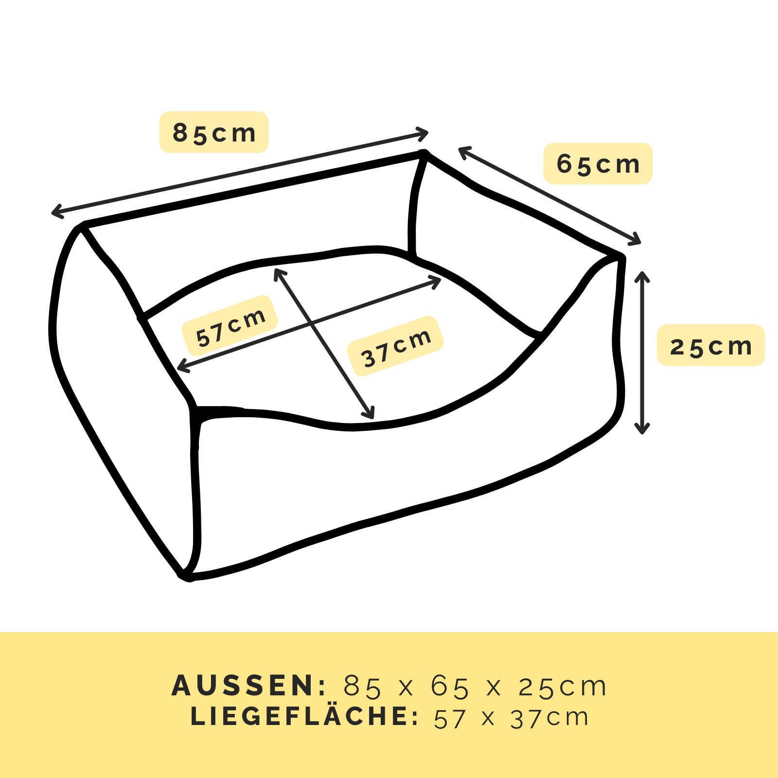 Hundebett-Umriss mit Maßen: Außen 85x65x25cm, Liegefläche 57x37cm. Text: Außen, Liegefläche.
