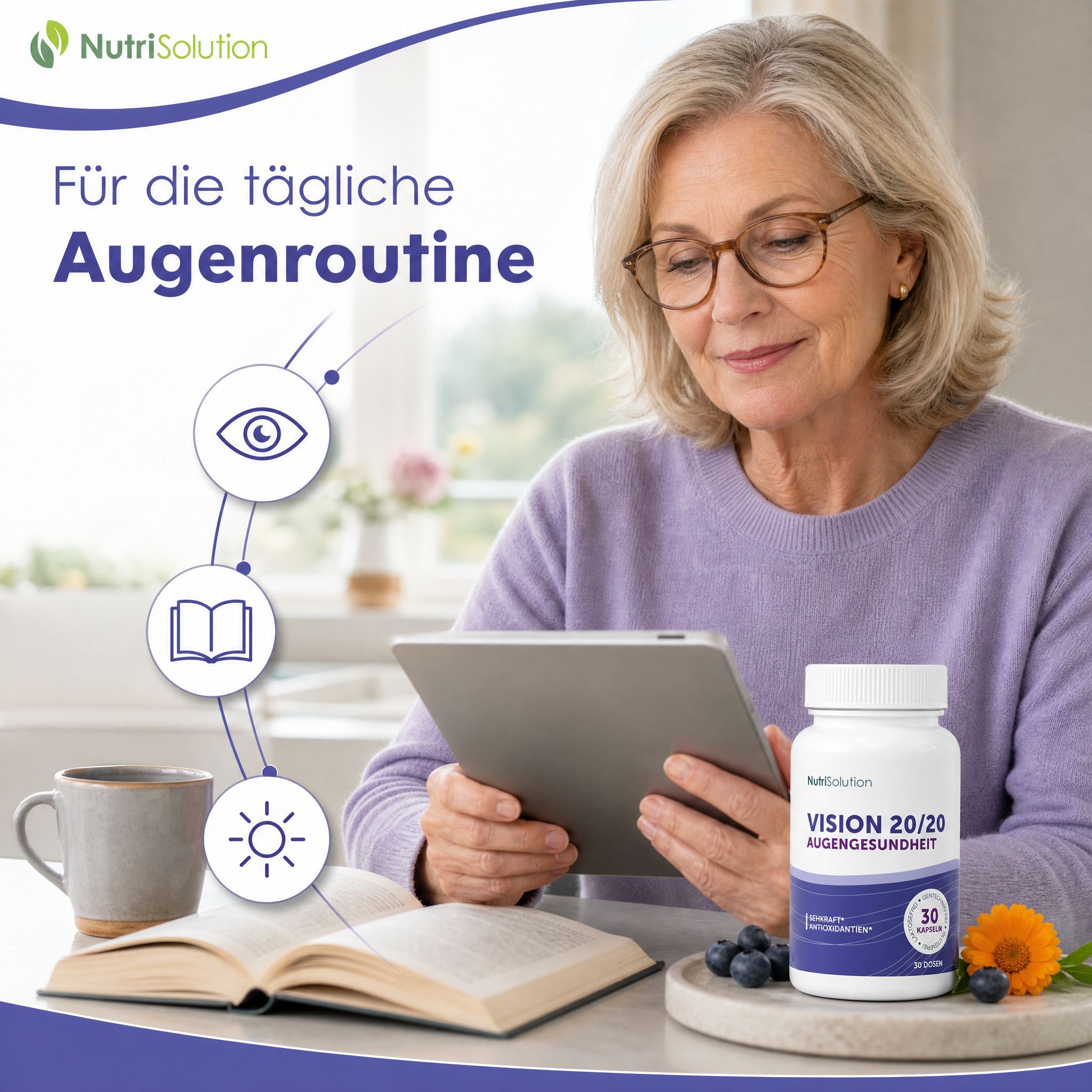 NutriSolution Vision 20/20 Dose neben einer Frau, die ein Tablet benutzt. Für die tägliche Augenroutine.